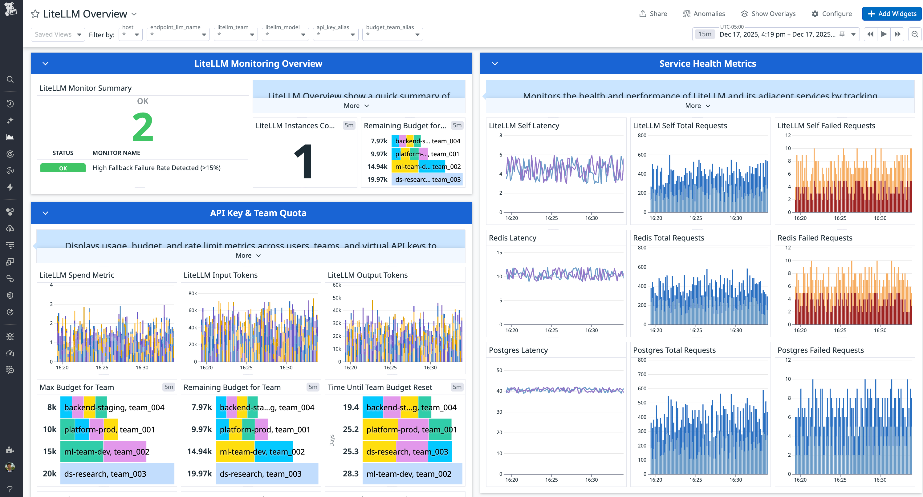 LiteLLM integration dashboard showing monitoring overview, API & team quota, and service health metrics.