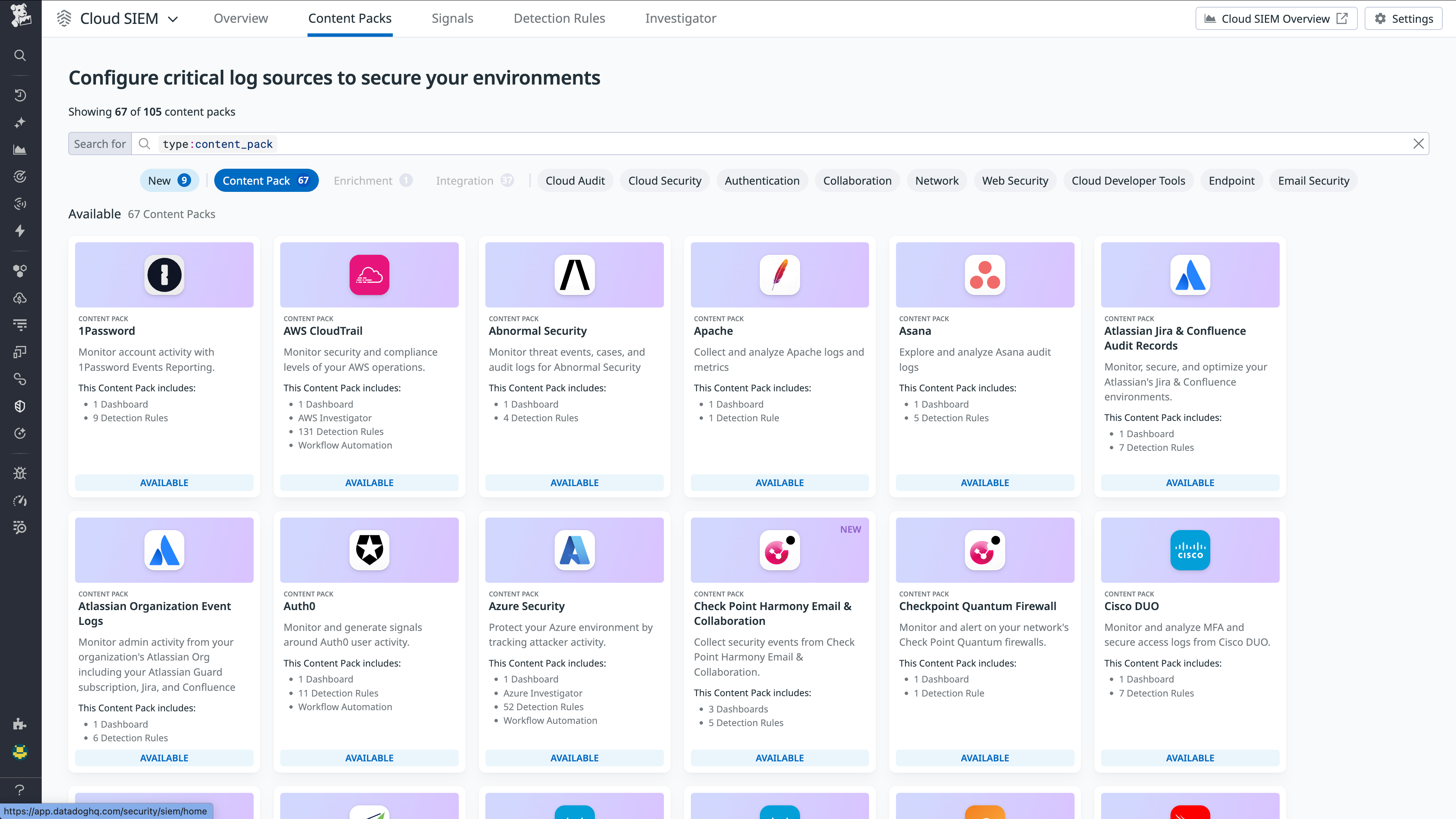 A view of content packs for Cloud SIEM.