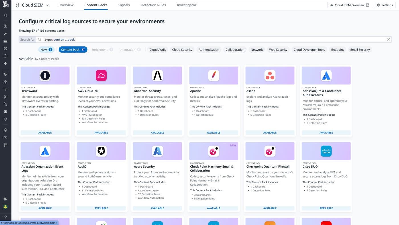 A view of content packs for Cloud SIEM. A view of content packs for Cloud SIEM.