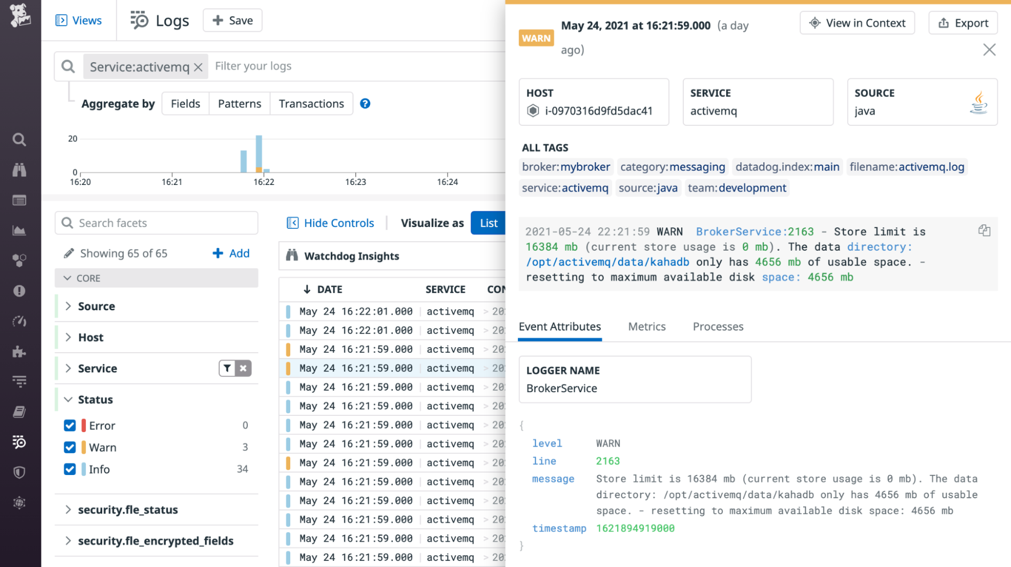 An ActiveMQ log shows that the configured store limit is greater than the host's usable space.