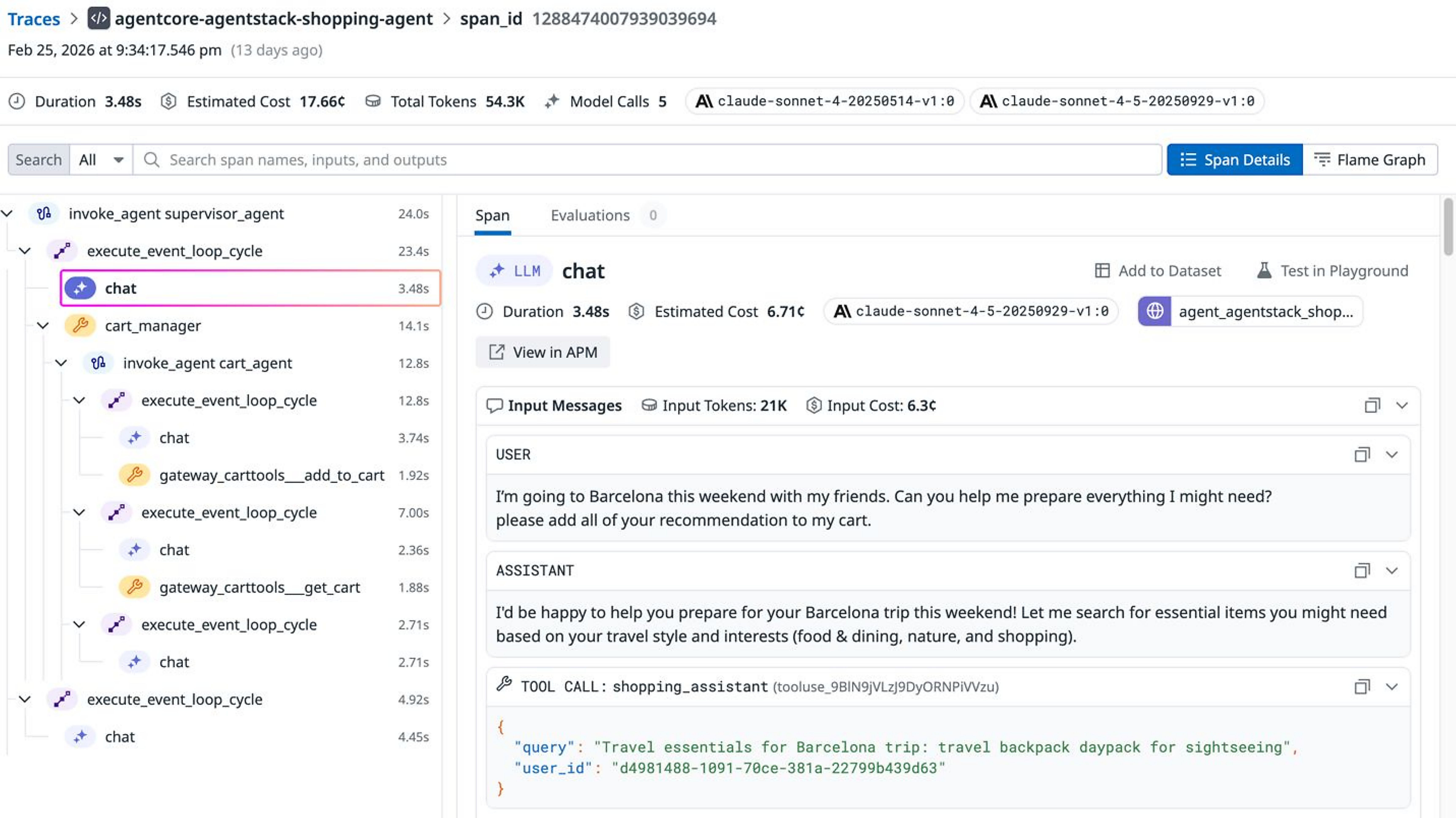 A trace view displaying a hierarchical list of spans for an agent workflow, including LLM calls, tool invocations, durations, token usage, and input/output messages.