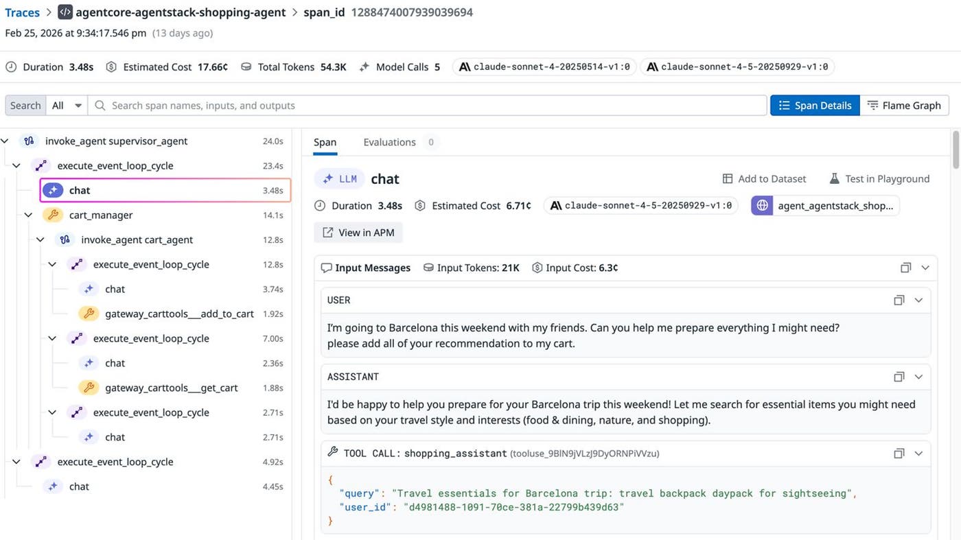 A trace view displaying a hierarchical list of spans for an agent workflow, including LLM calls, tool invocations, durations, token usage, and input/output messages. A trace view displaying a hierarchical list of spans for an agent workflow, including LLM calls, tool invocations, durations, token usage, and input/output messages.