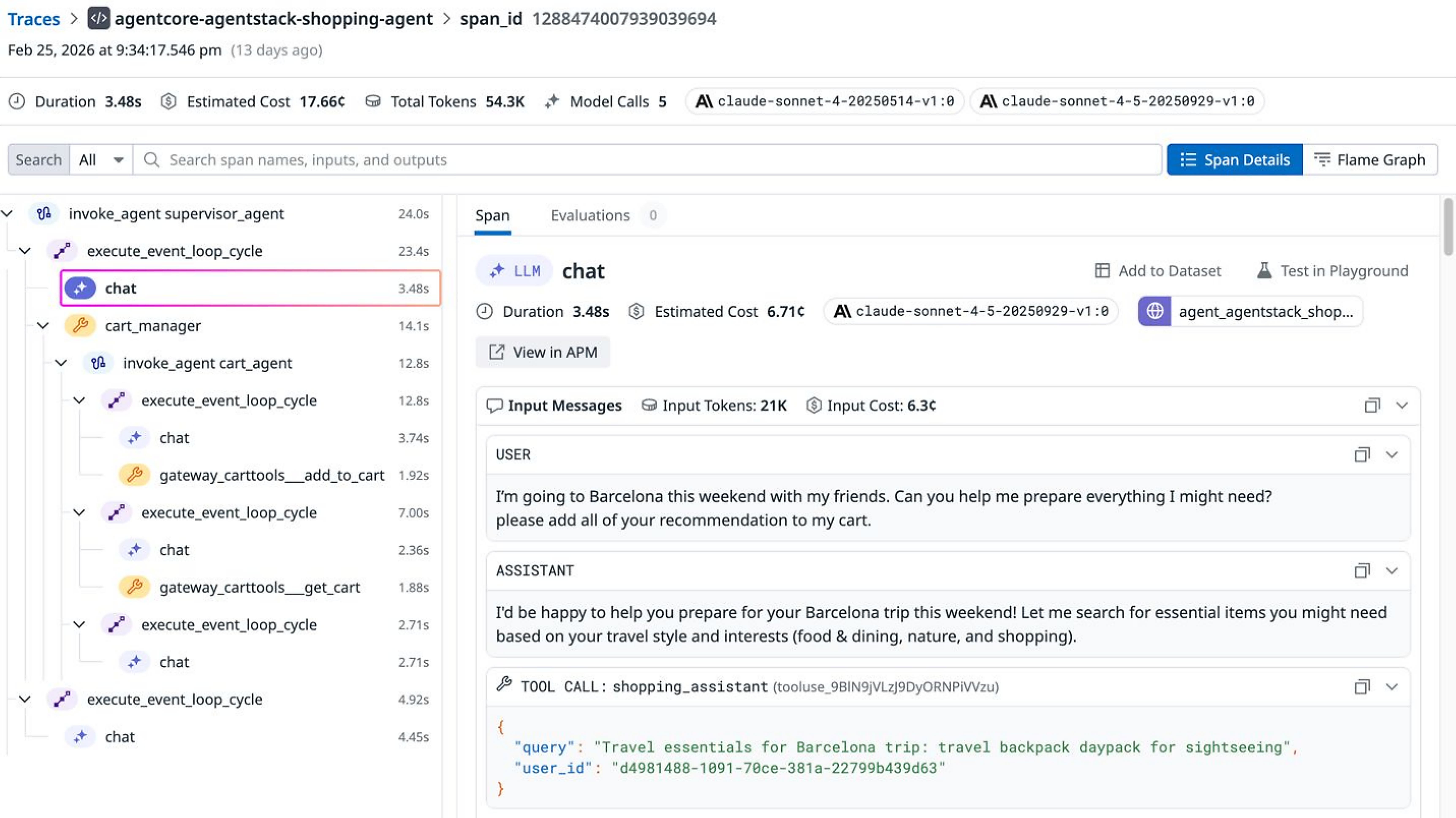 A trace view displaying a hierarchical list of spans for an agent workflow, including LLM calls, tool invocations, durations, token usage, and input/output messages. A trace view displaying a hierarchical list of spans for an agent workflow, including LLM calls, tool invocations, durations, token usage, and input/output messages.