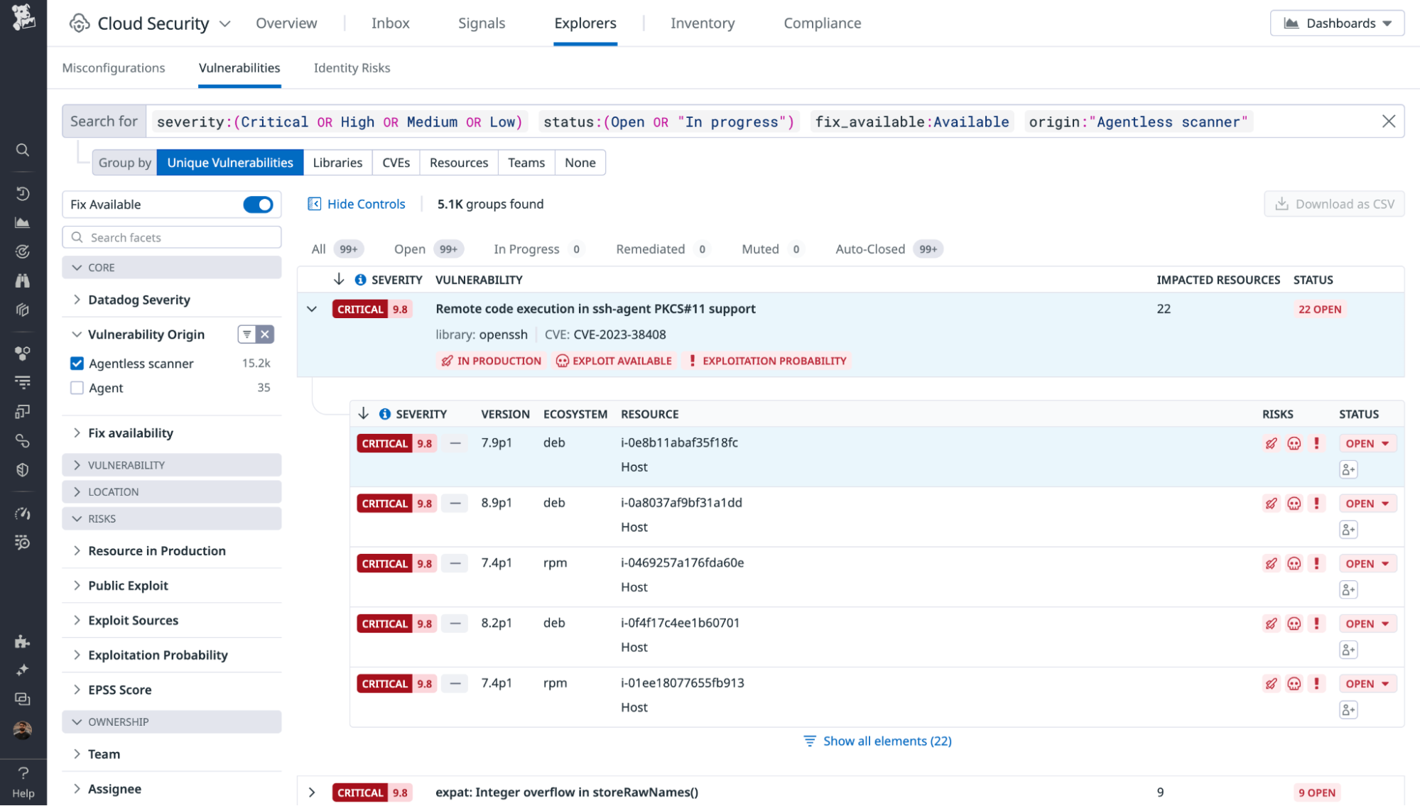 Vulnerabilities found by Agentless Scanning in Datadog Cloud Security