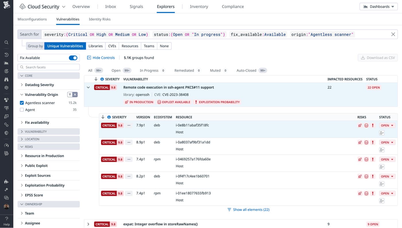 Vulnerabilities found by Agentless Scanning in Datadog Cloud Security Vulnerabilities found by Agentless Scanning in Datadog Cloud Security