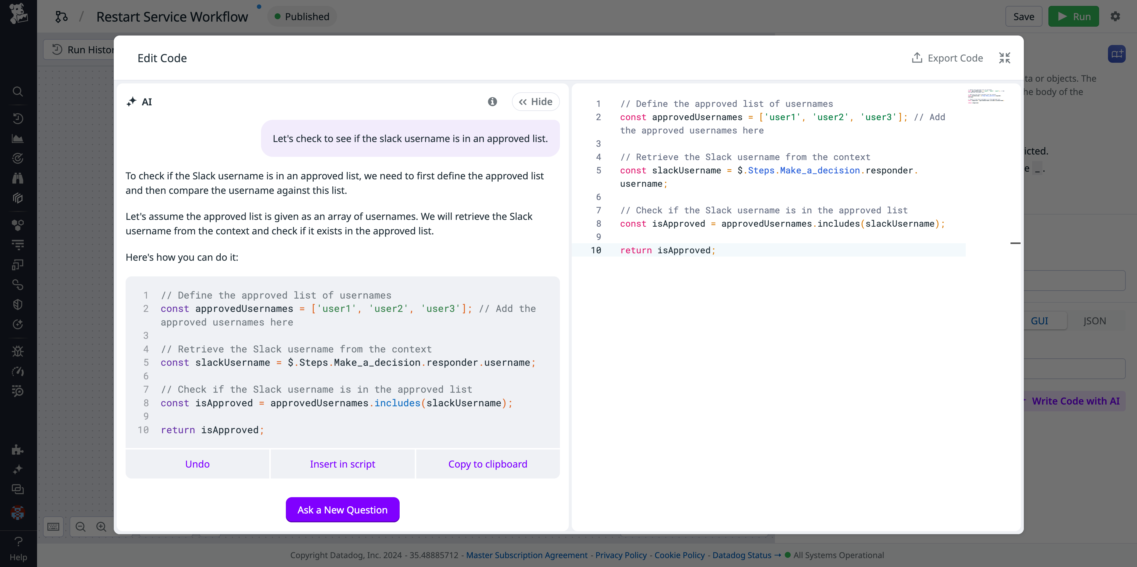 Using the AI assistant to check the Slack username.