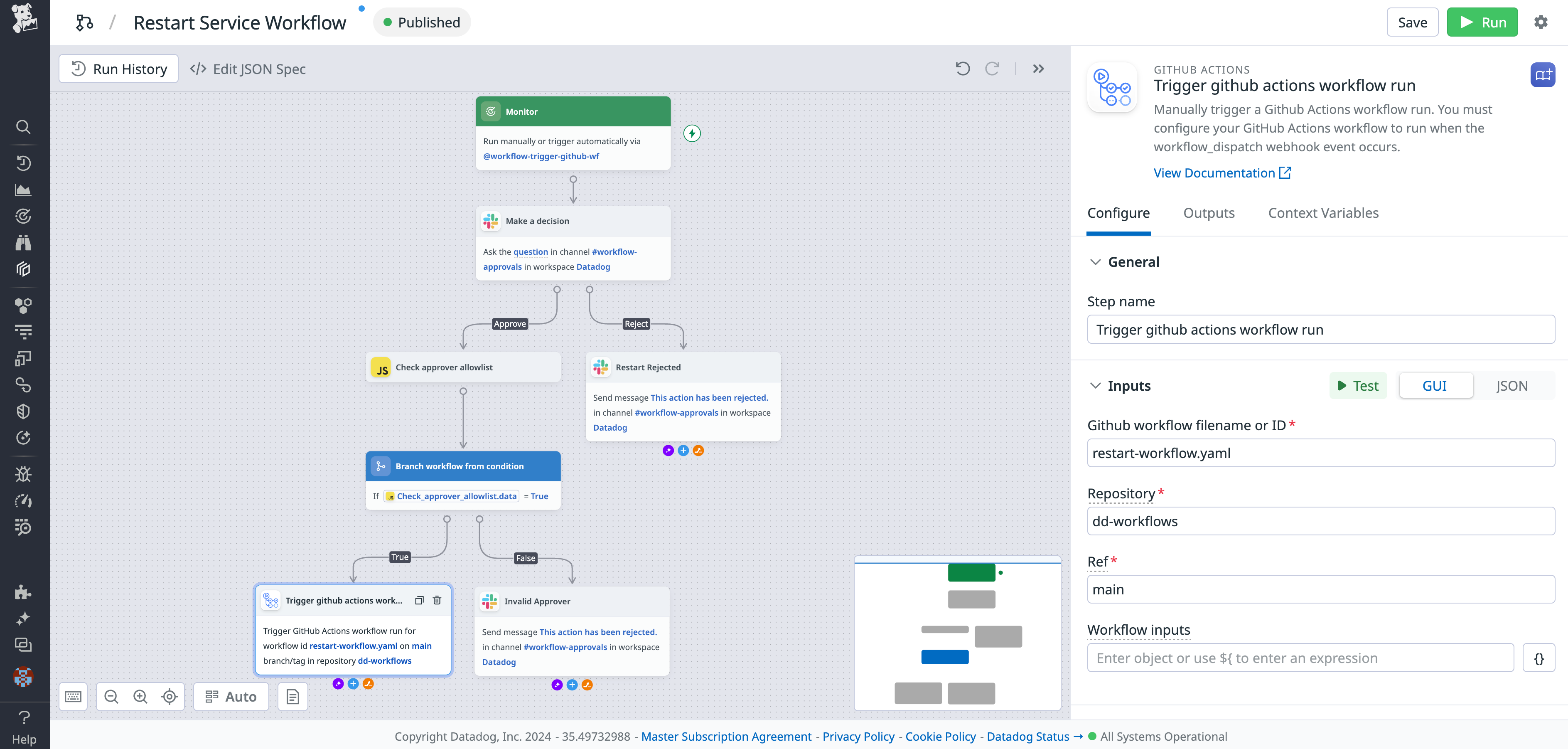 The final workflow that restarts a service experiencing high error rate, built using the AI assistant.
