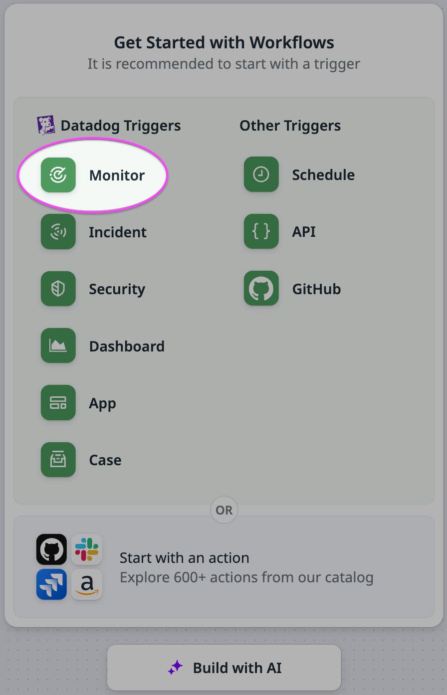 Choosing monitor from Datadog triggers. Choosing monitor from Datadog triggers.