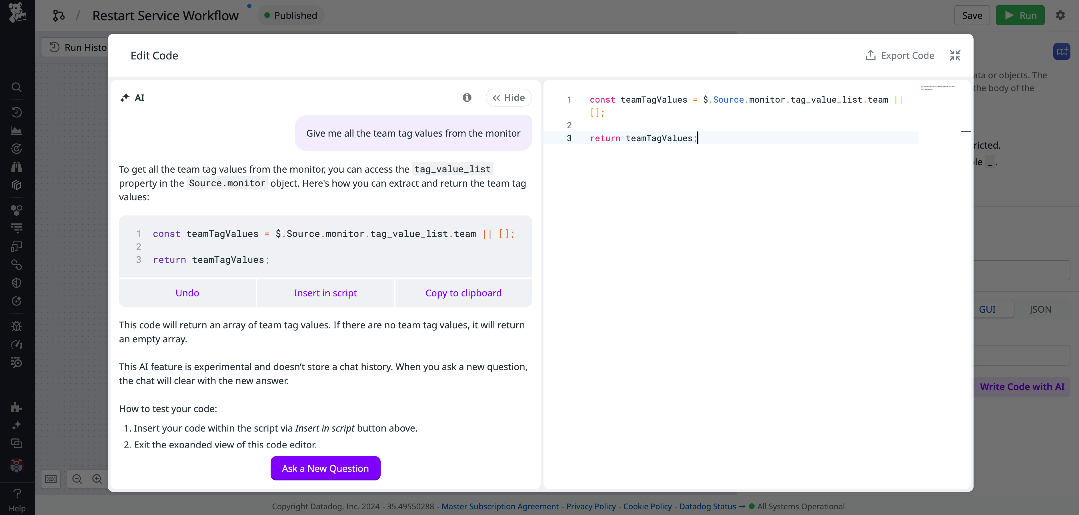 Asking the AI assistant to provide all the tag team values.
