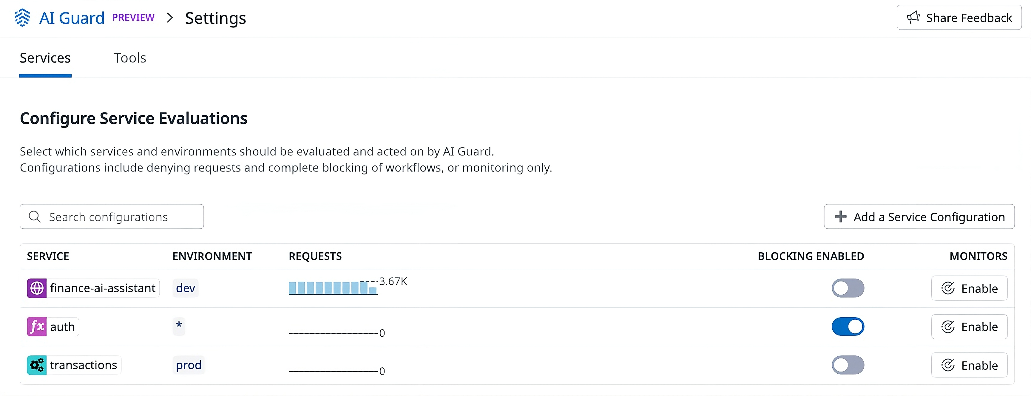 Screenshot of configuration settings for AI Guard, including a toggle option to enable blocking by service and environment.