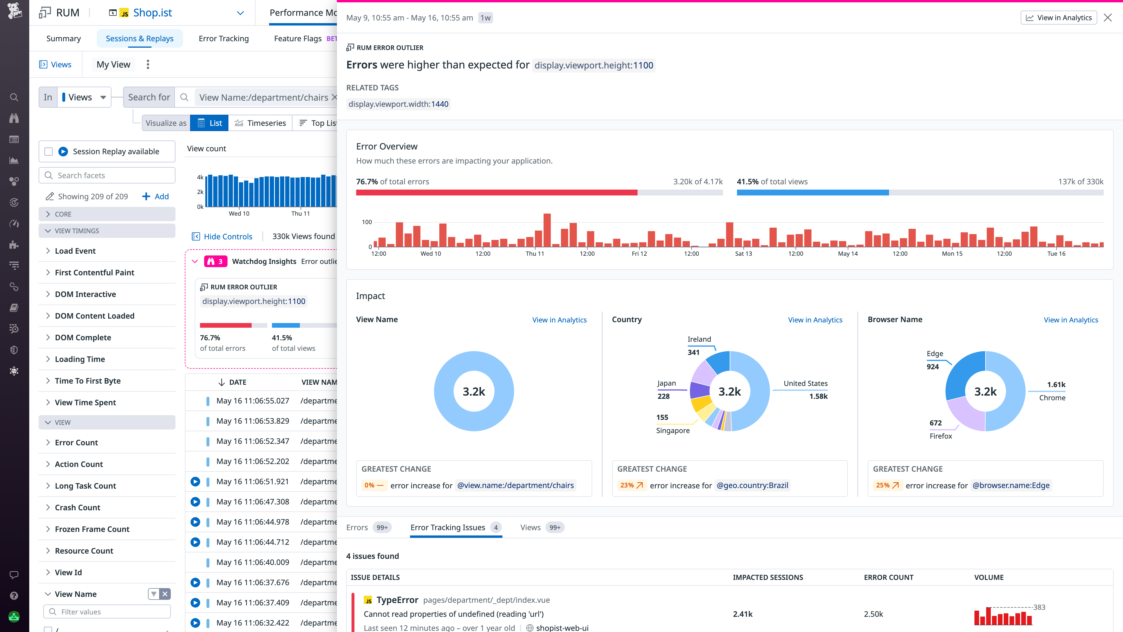 The Insights sidepanel gathers view events related to the outlier in question, alongside troubleshooting context.