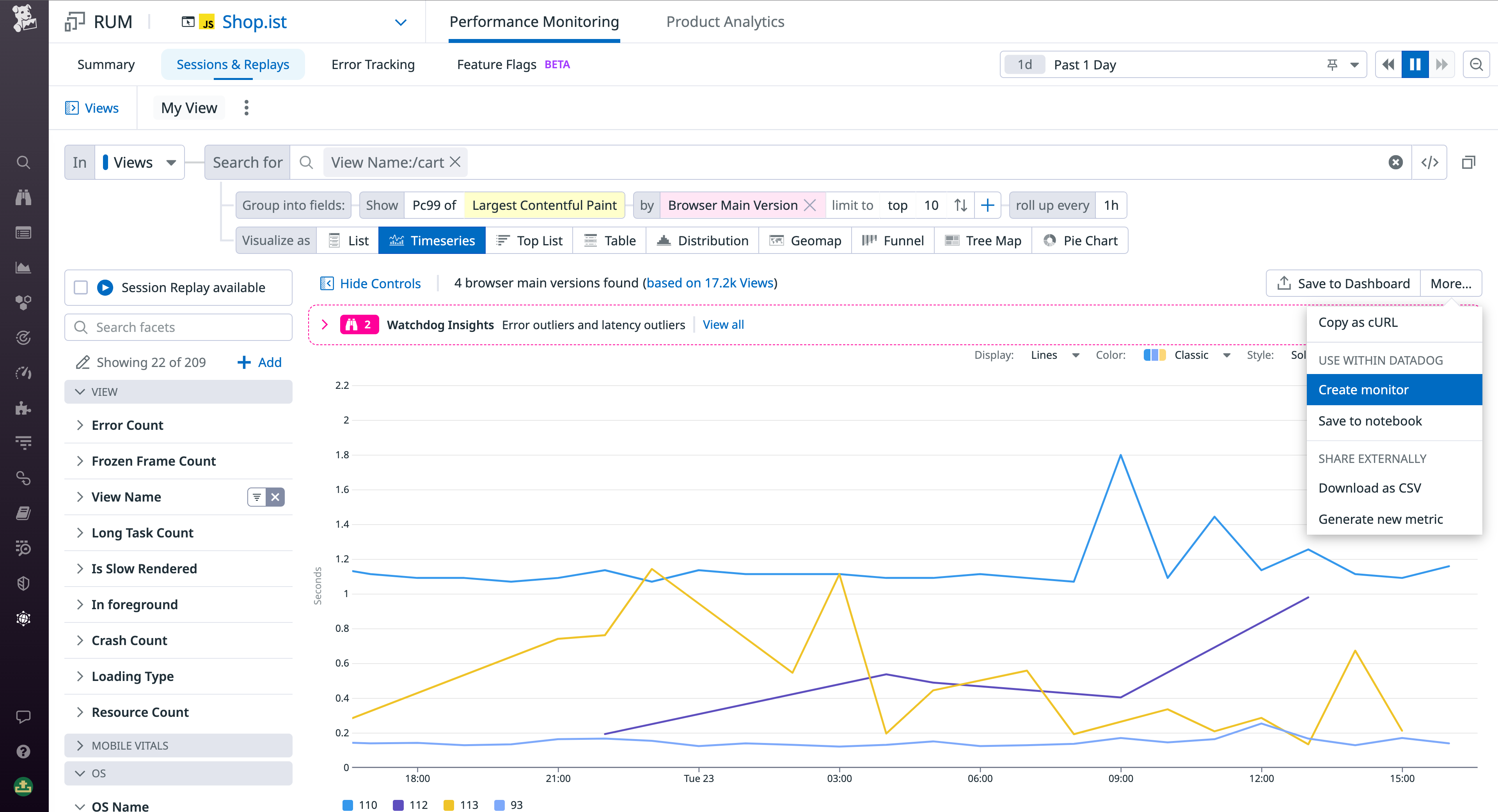 The Insight sidepanel lets you immediately graph detected outliers as metrics for tracking in alerts and dashboards.