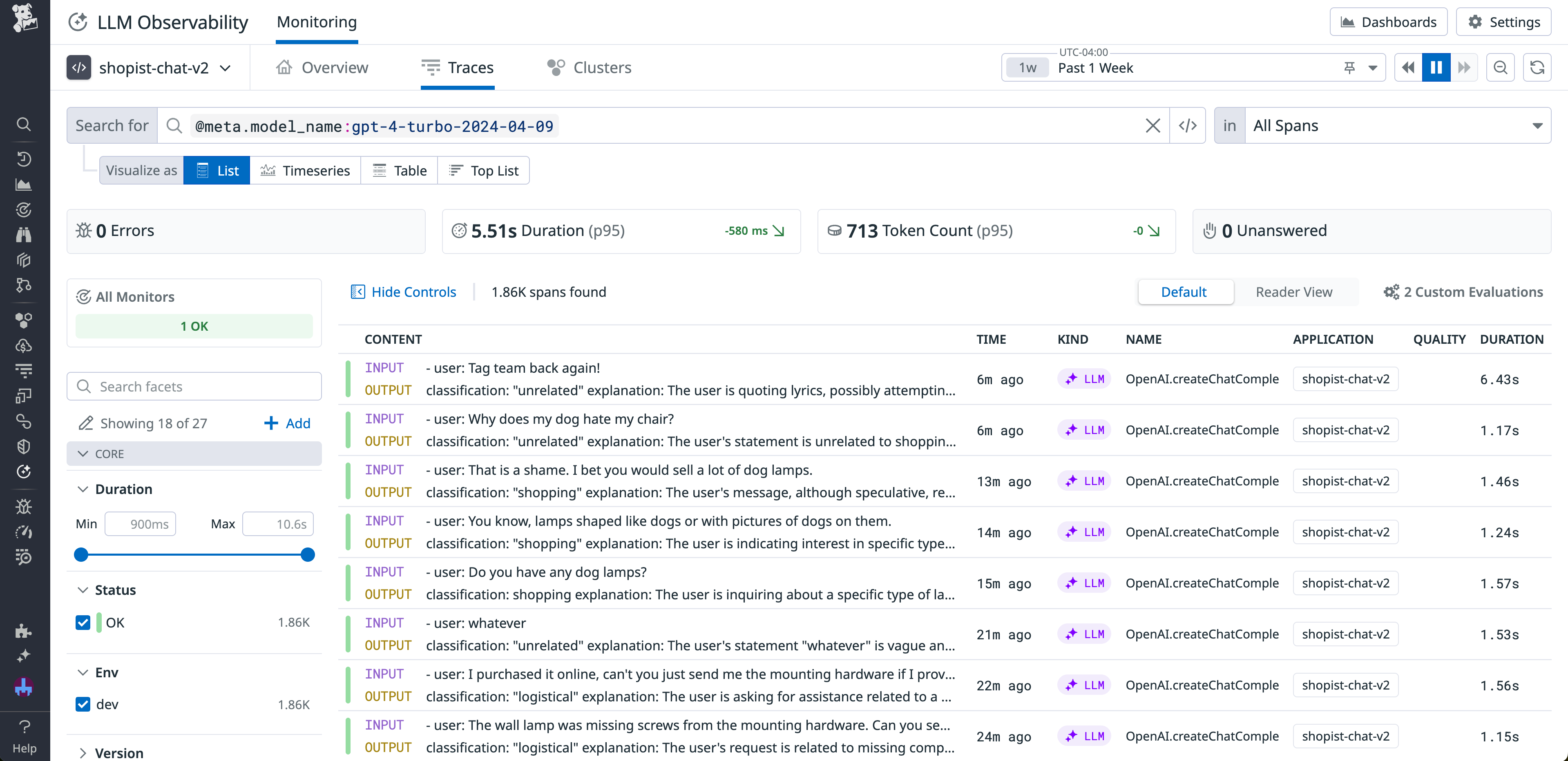 A list of traces collected within LLM Observability for an application built with GPT-4 Turbo.