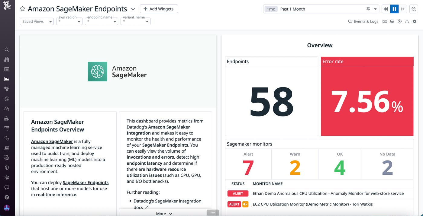 The SageMaker dashboards help you quickly determine the status of your endpoints and jobs, alongside a wealth of OOTB monitors. The SageMaker dashboards help you quickly determine the status of your endpoints and jobs, alongside a wealth of OOTB monitors.
