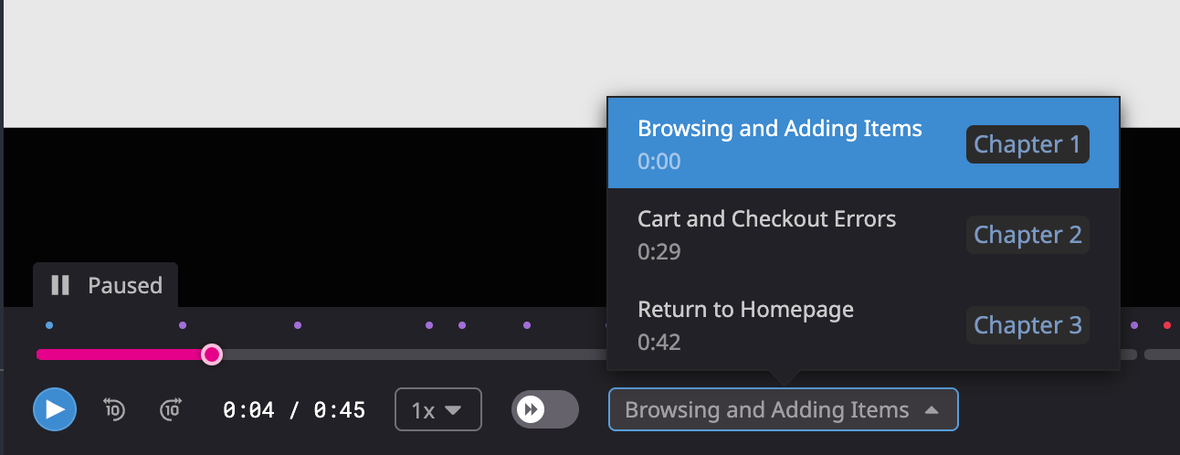 A screenshot showing the session replay timeline segmented into labeled chapters that represent stages of the user journey