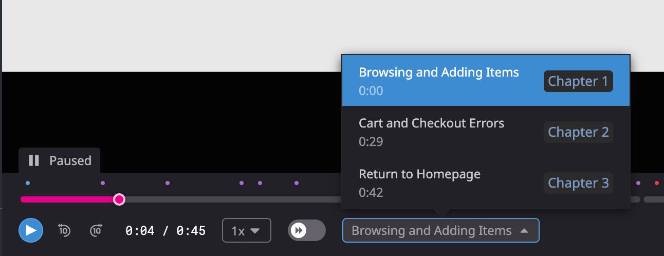 A screenshot showing the session replay timeline segmented into labeled chapters that represent stages of the user journey A screenshot showing the session replay timeline segmented into labeled chapters that represent stages of the user journey