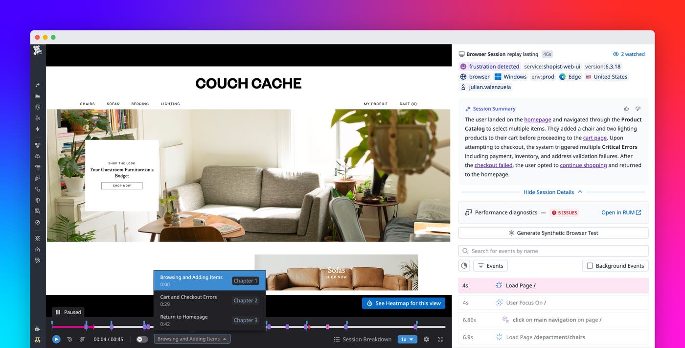 Understand session replays faster with AI summaries and smart chapters Understand session replays faster with AI summaries and smart chapters