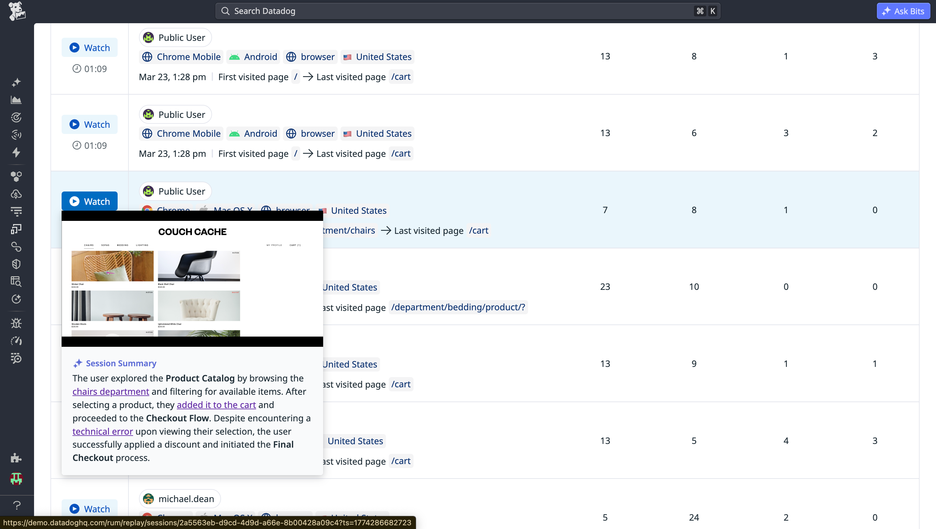 This screenshot shows an AI-generated session summary that explains the outcome, key actions, and friction in a session replay