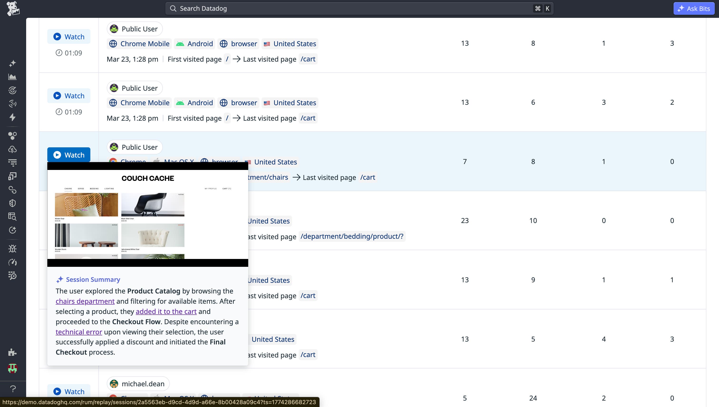 This screenshot shows an AI-generated session summary that explains the outcome, key actions, and friction in a session replay This screenshot shows an AI-generated session summary that explains the outcome, key actions, and friction in a session replay