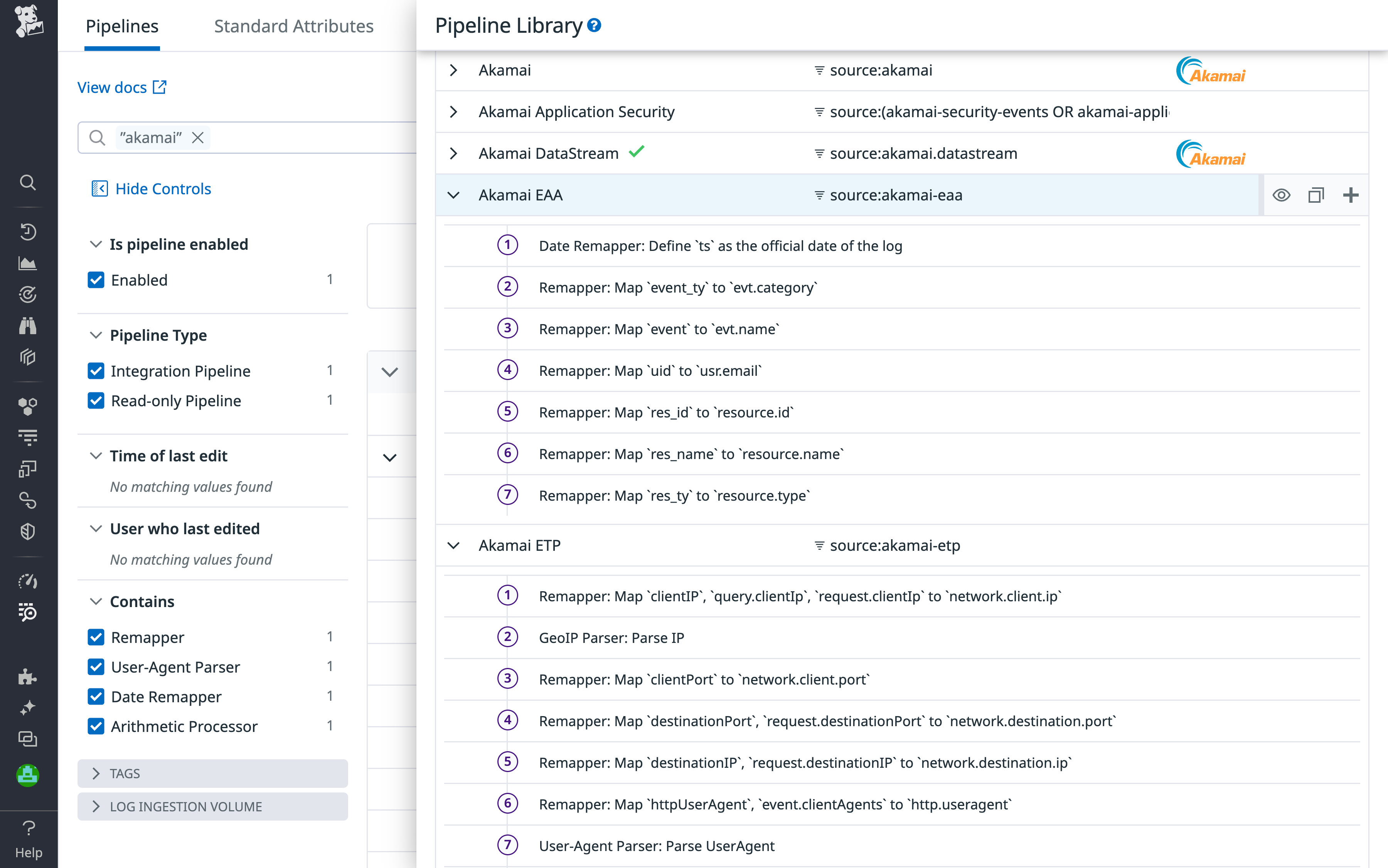 Akamai Application Security log pipelines in Datadog.