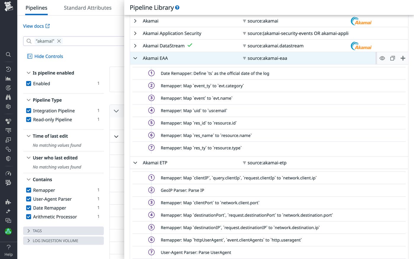 Akamai Application Security log pipelines in Datadog. Akamai Application Security log pipelines in Datadog.