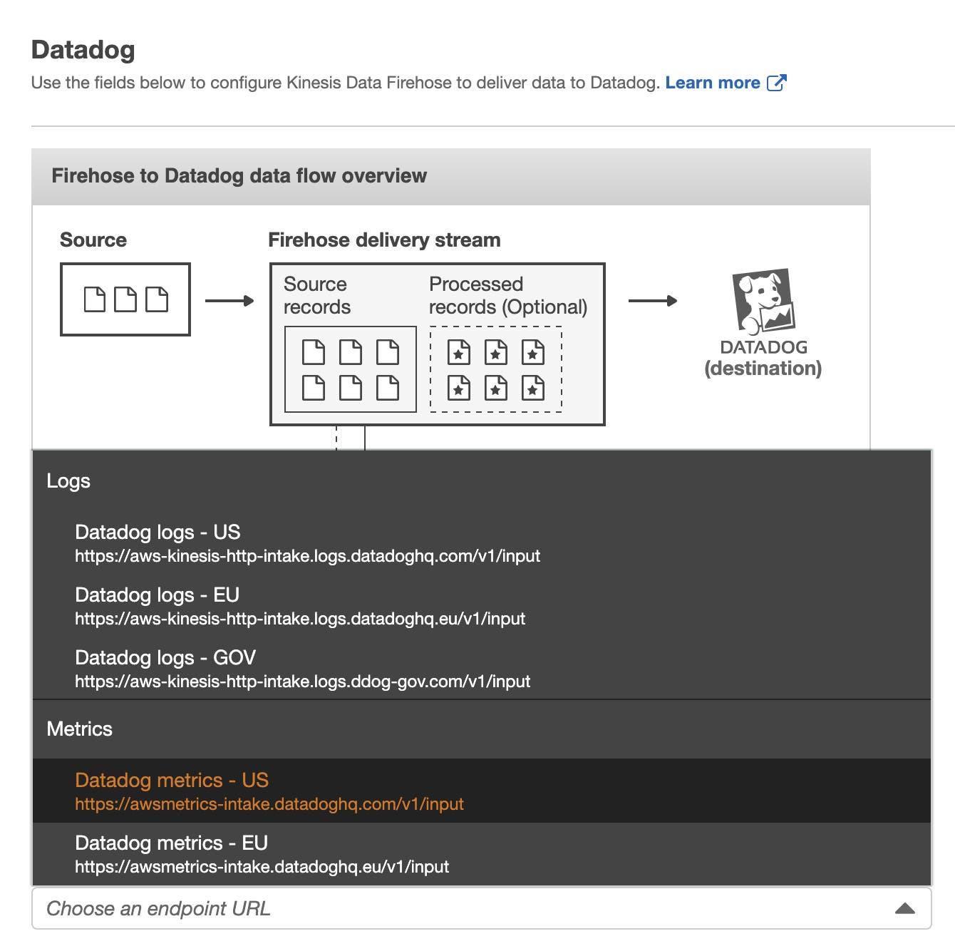 Data Firehose configuration page Data Firehose configuration page