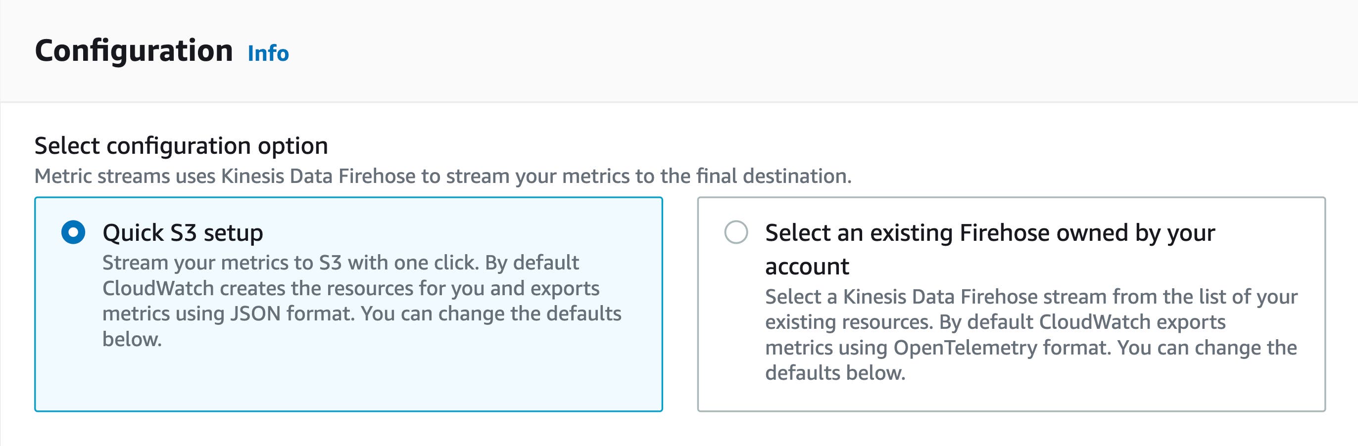 CloudWatch Metric Streams configuration page CloudWatch Metric Streams configuration page