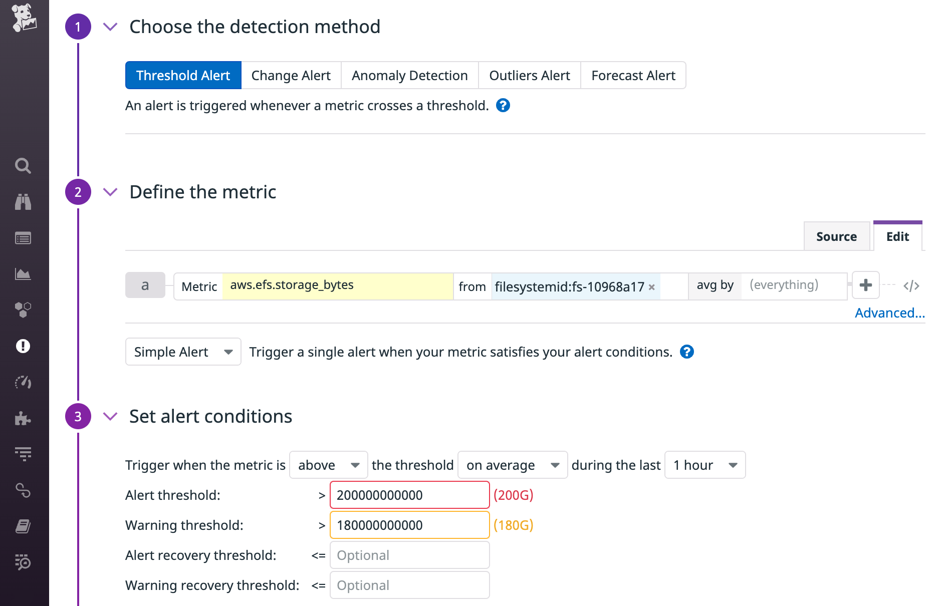 Datadog's New Monitor screen defines an alert with a warning threshold of 180 GB and an alert threshold of 200 GB.