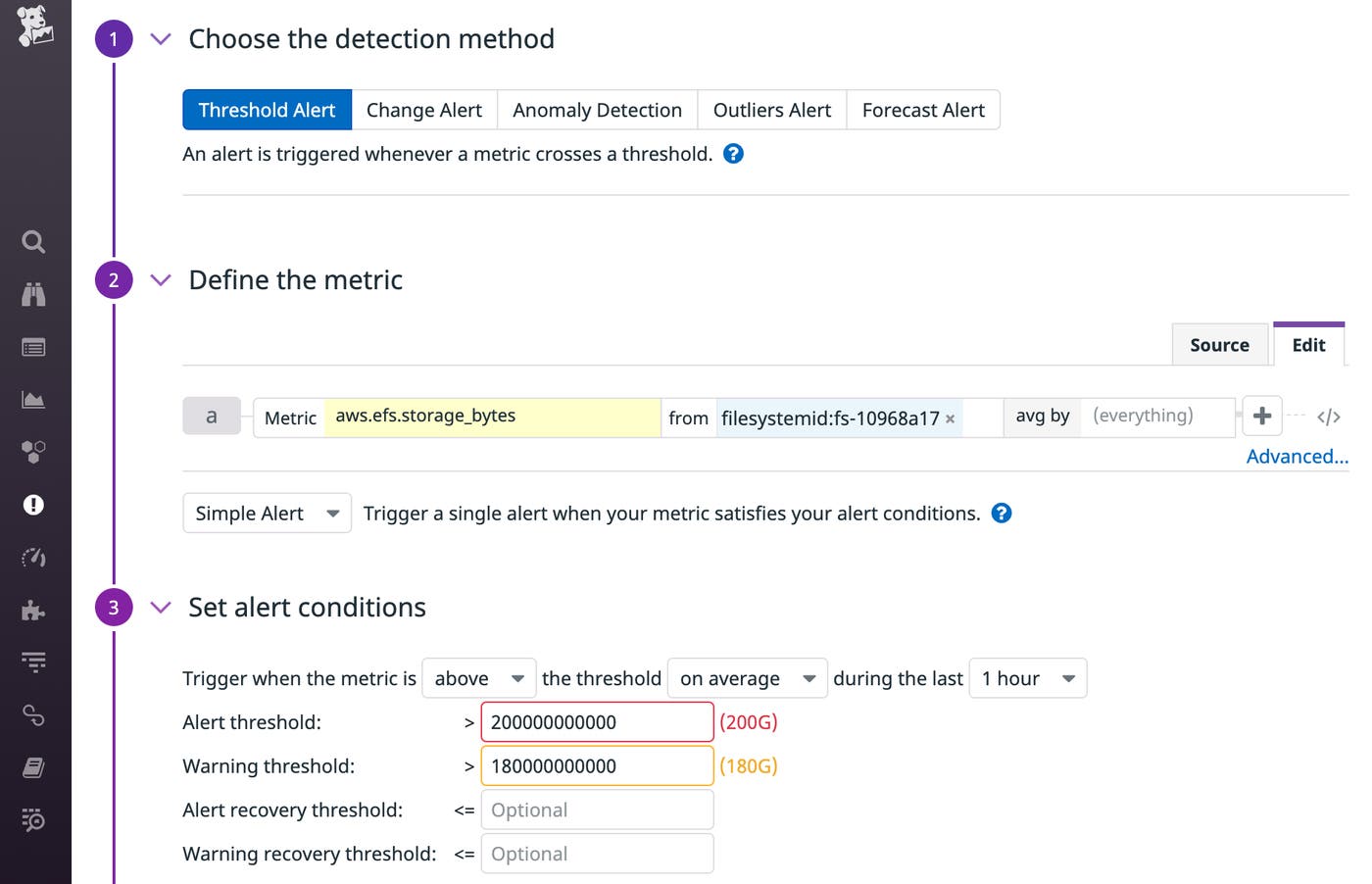 Datadog's New Monitor screen defines an alert with a warning threshold of 180 GB and an alert threshold of 200 GB. Datadog's New Monitor screen defines an alert with a warning threshold of 180 GB and an alert threshold of 200 GB.