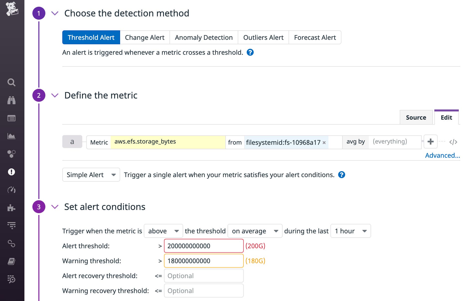 Datadog's New Monitor screen defines an alert with a warning threshold of 180 GB and an alert threshold of 200 GB. Datadog's New Monitor screen defines an alert with a warning threshold of 180 GB and an alert threshold of 200 GB.