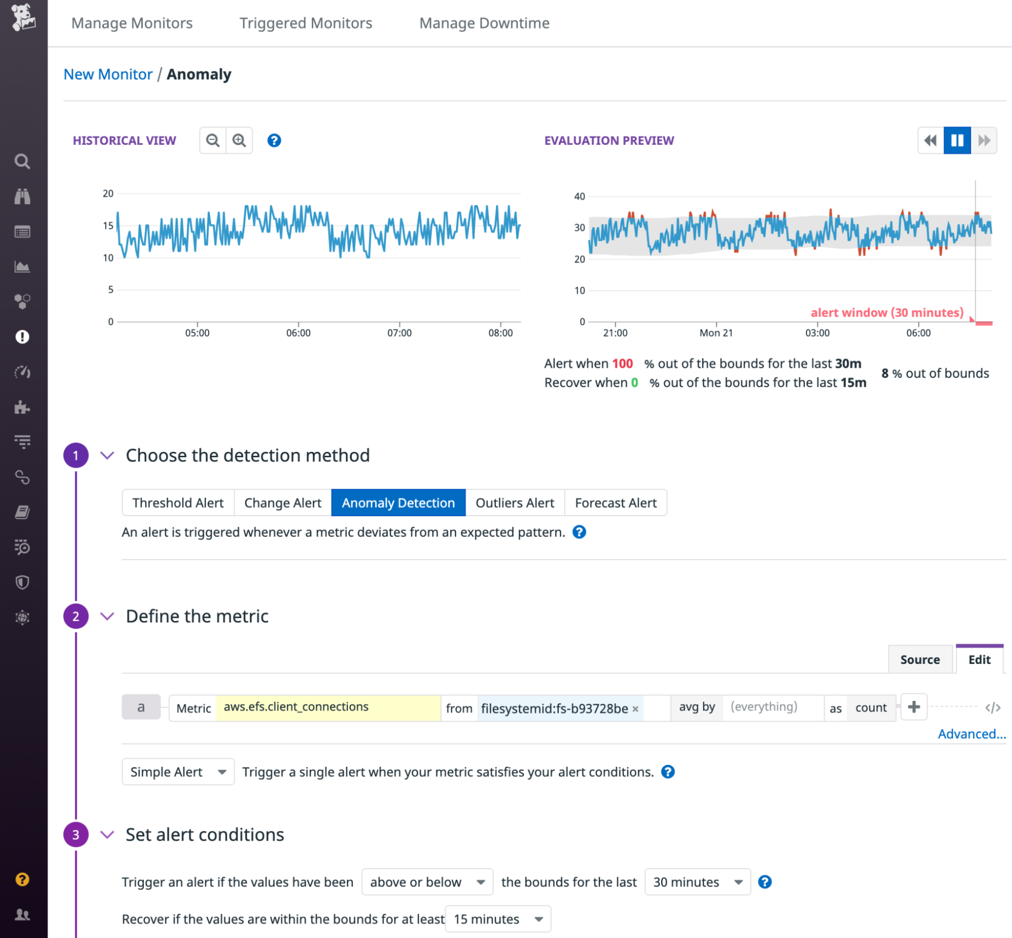 The New Monitor screen for an Anomaly Monitor shows the history and the expected range of values of the connected clients metric.