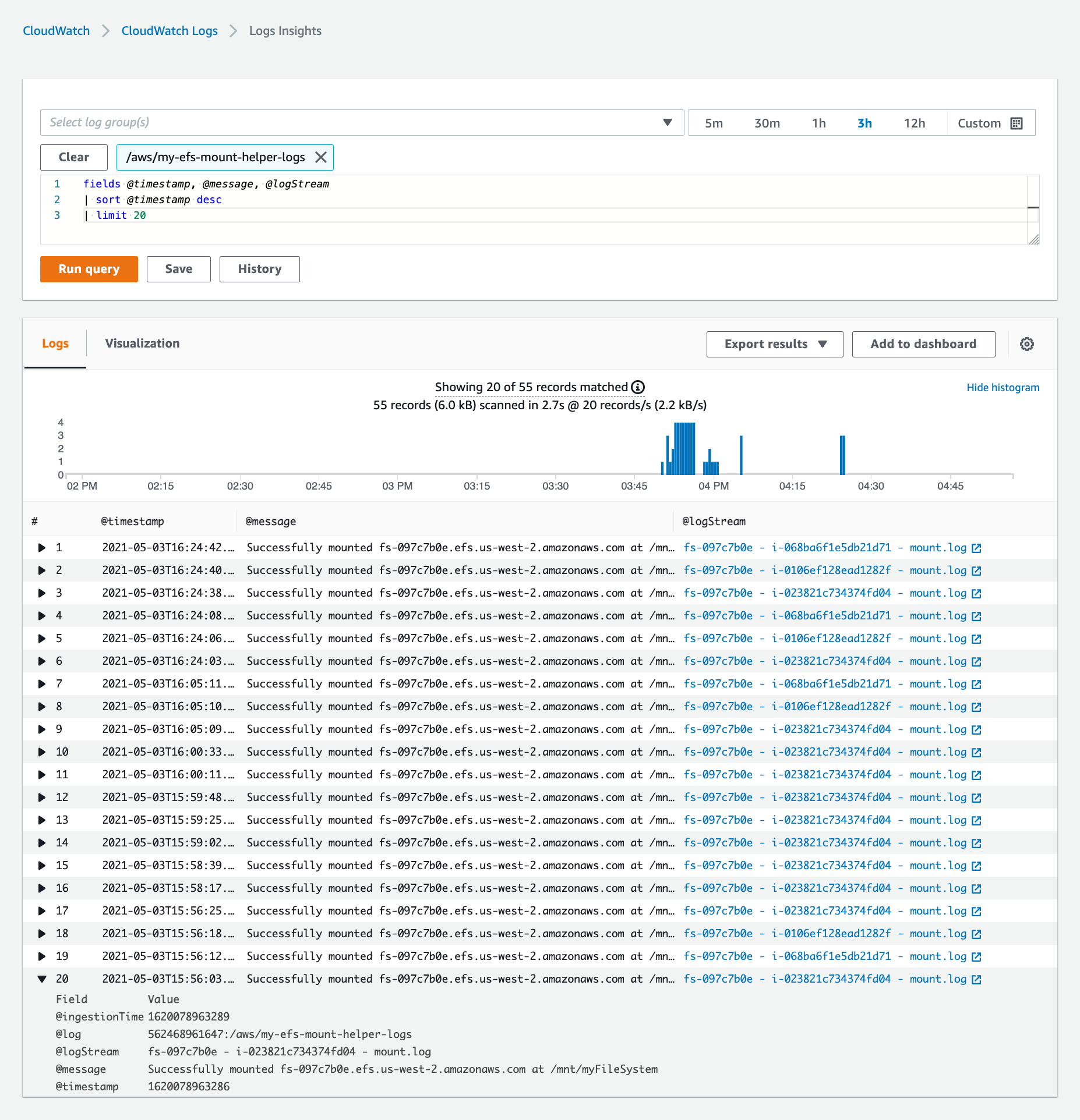 A CloudWatch Logs Insights query searches across all logs streams in the log group and returns three records, each from different log streams.