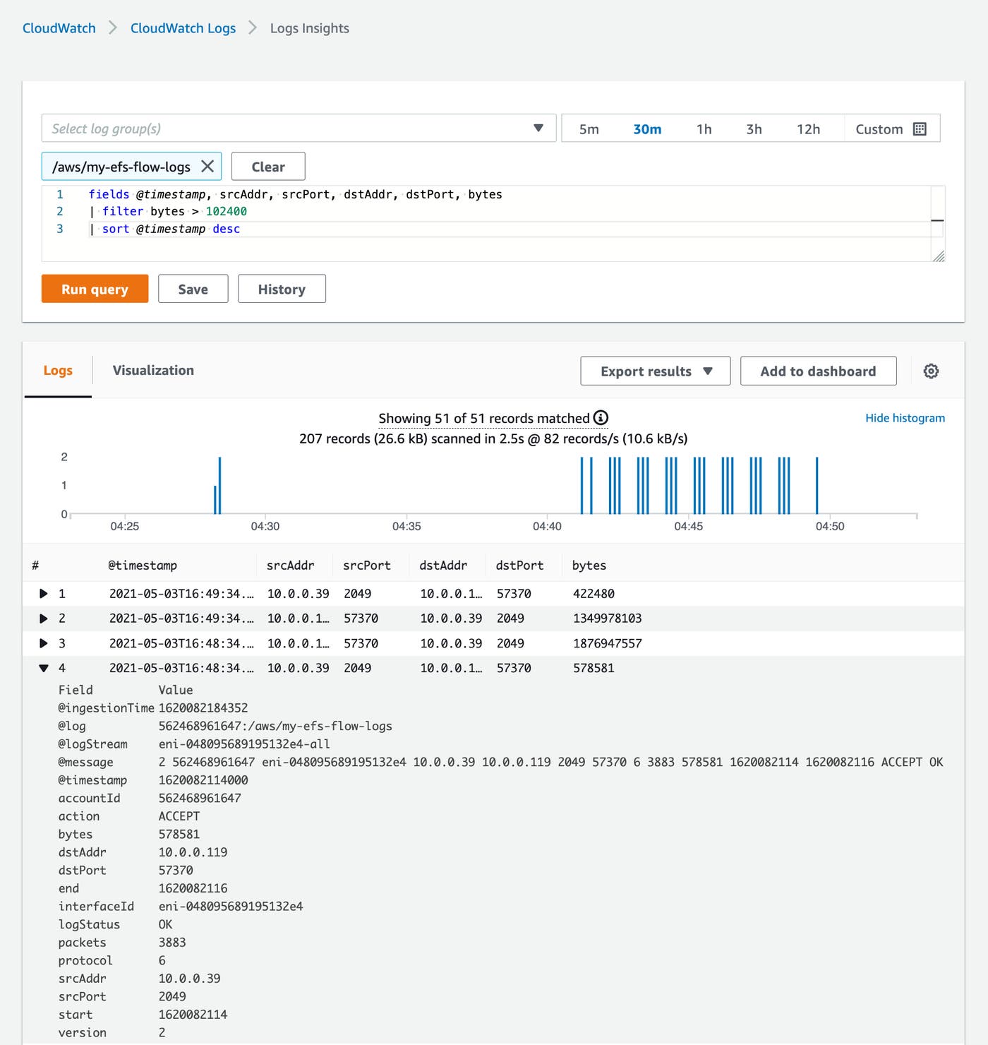 A CloudWatch Logs Insights query shows logs from all logs streams in the log group where the bytes field is greater than 102.4 kilobytes. A CloudWatch Logs Insights query shows logs from all logs streams in the log group where the bytes field is greater than 102.4 kilobytes.