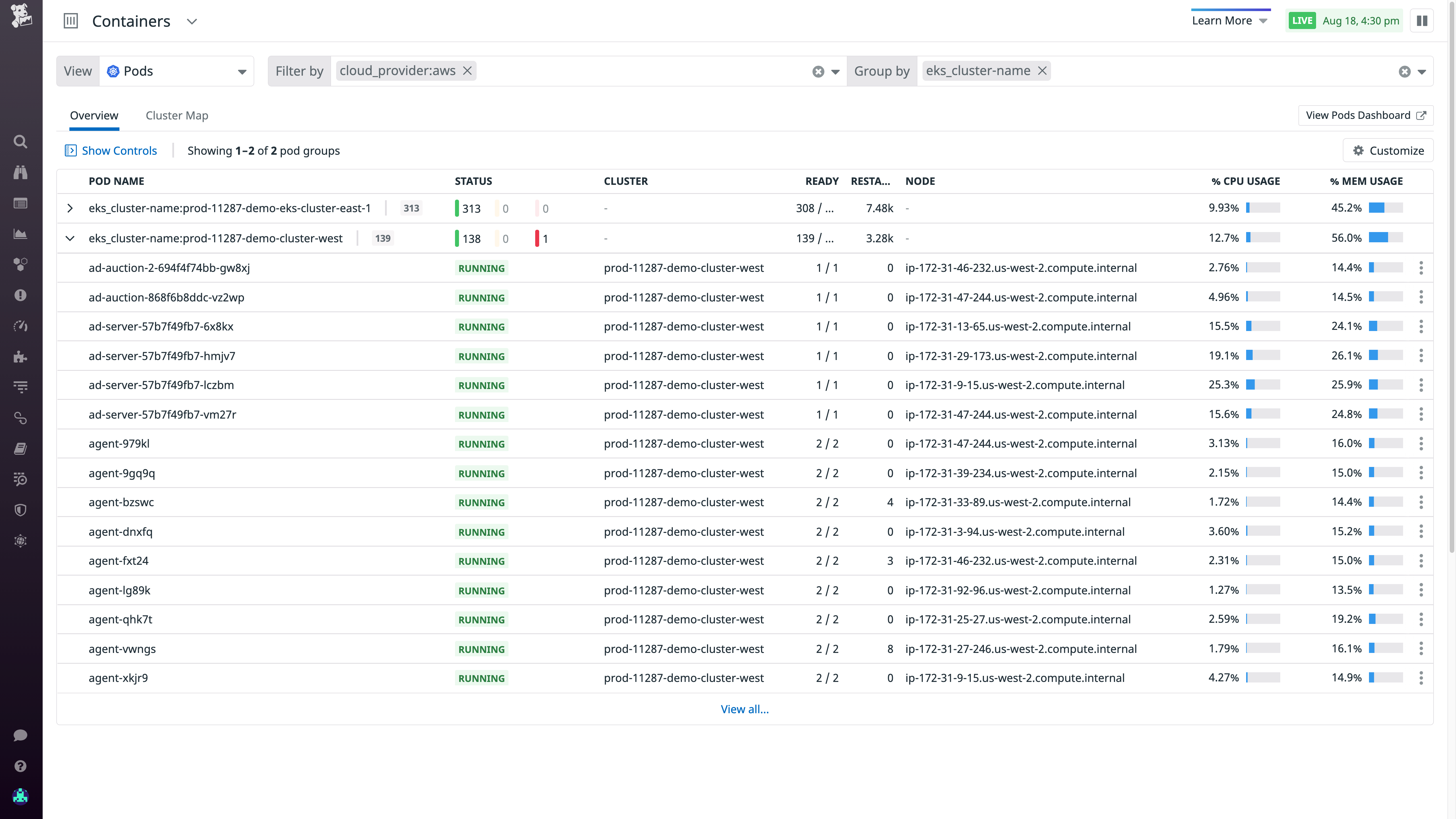The Clusters view showing EKS clusters hosted in the cloud and on premises.