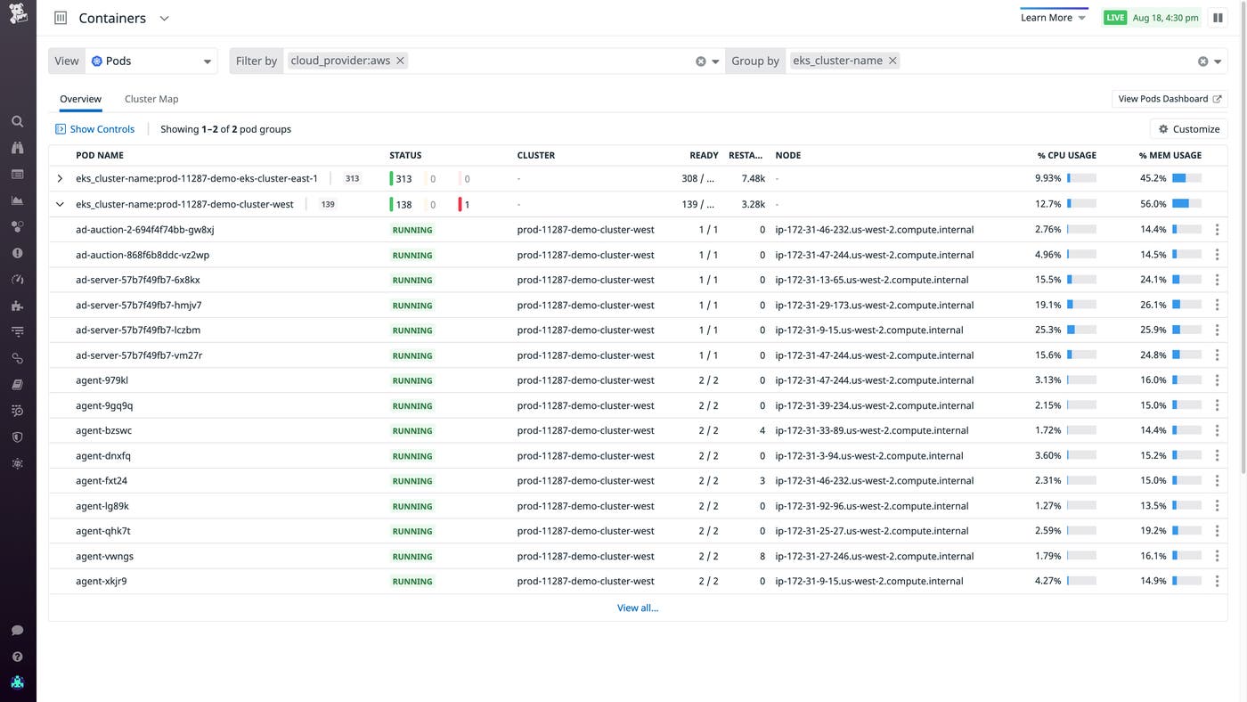 The Clusters view showing EKS clusters hosted in the cloud and on premises. The Clusters view showing EKS clusters hosted in the cloud and on premises.