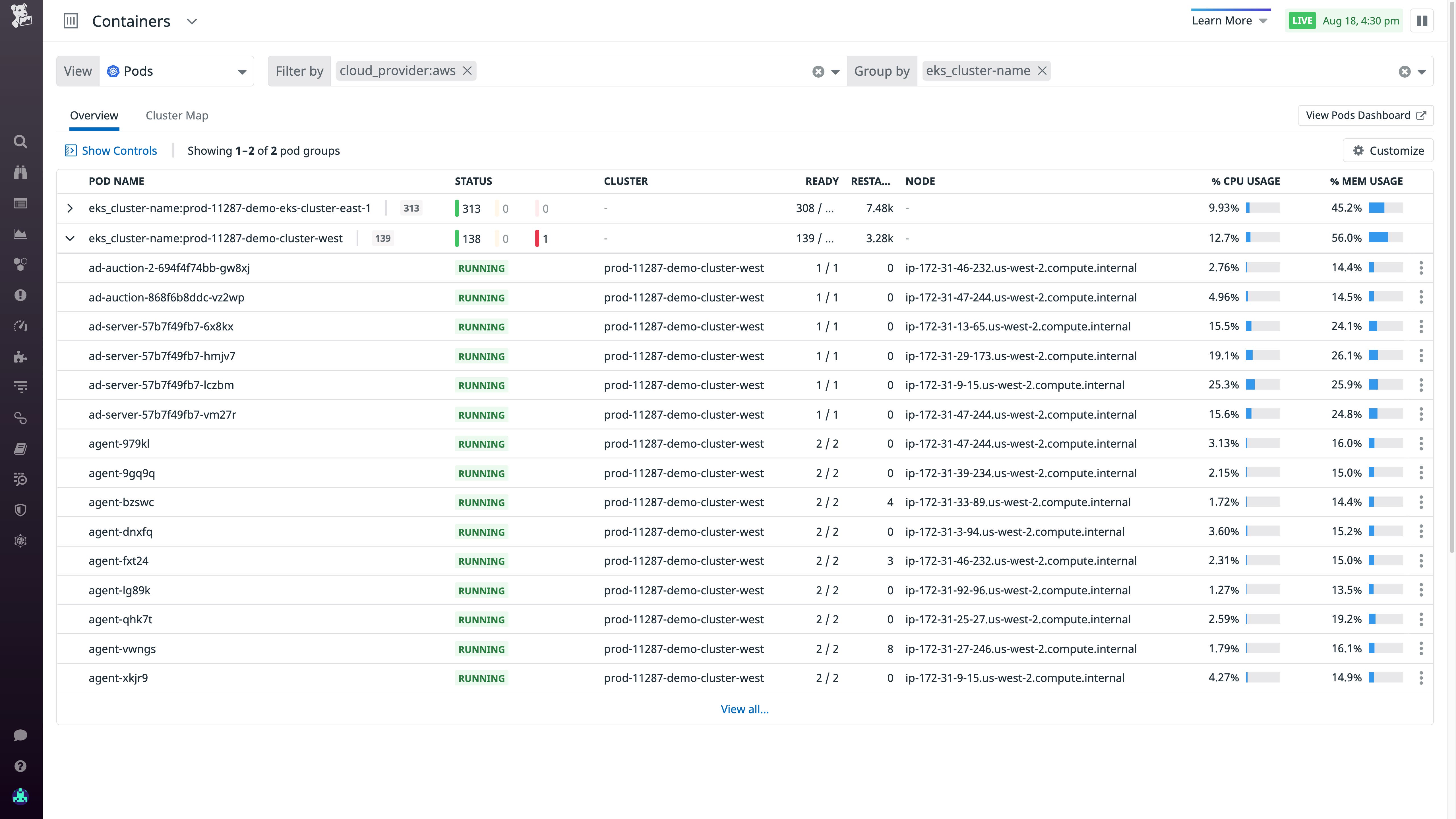 The Clusters view showing EKS clusters hosted in the cloud and on premises. The Clusters view showing EKS clusters hosted in the cloud and on premises.