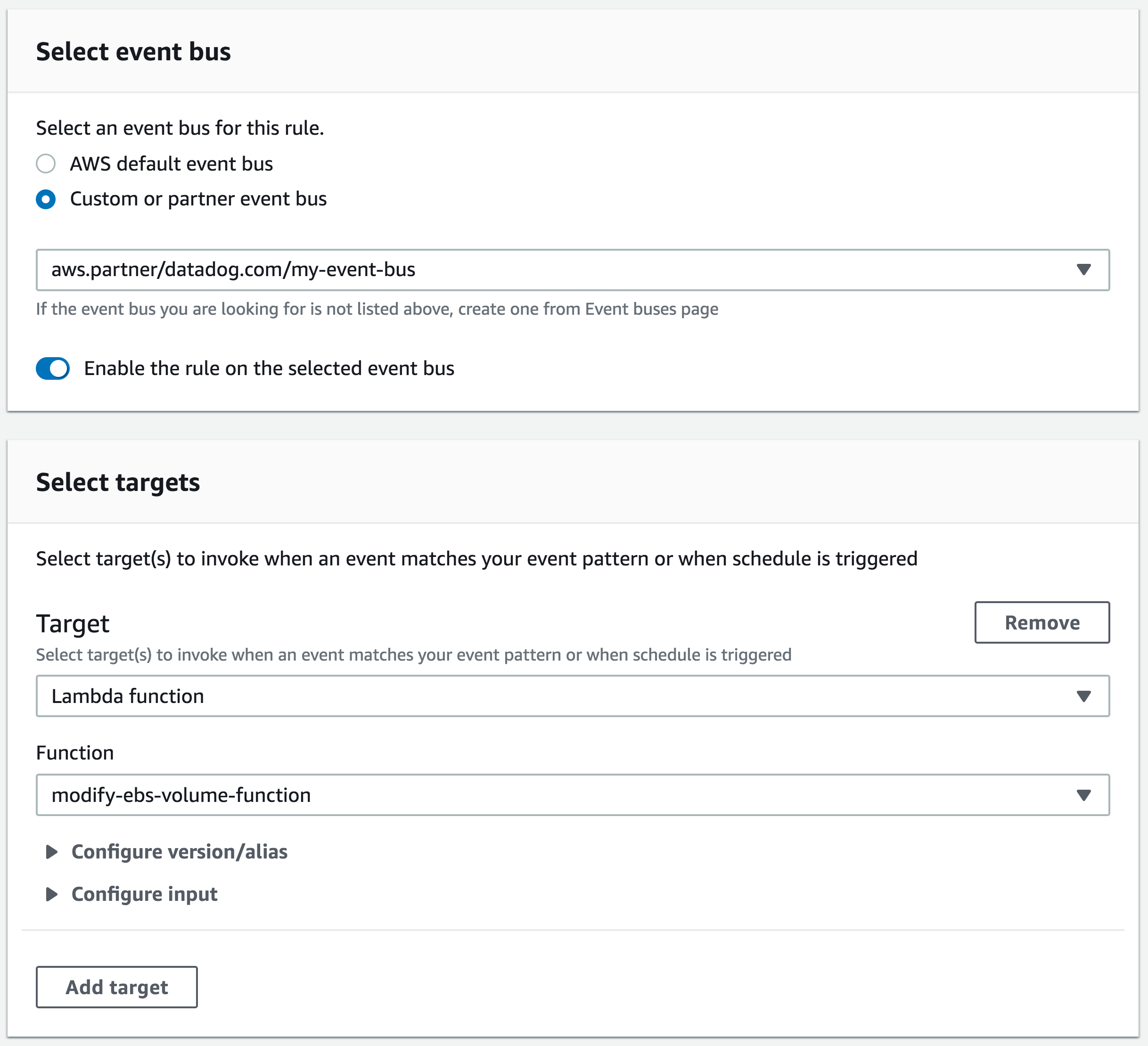 AWS EventBridge is a new service that allows you to create customizable event buses with targets like AWS Lambda functions. This is an example of setting up a custom bus that invokes a Lambda function that autoscales an EBS volume when triggered by a Datadog alert notification.