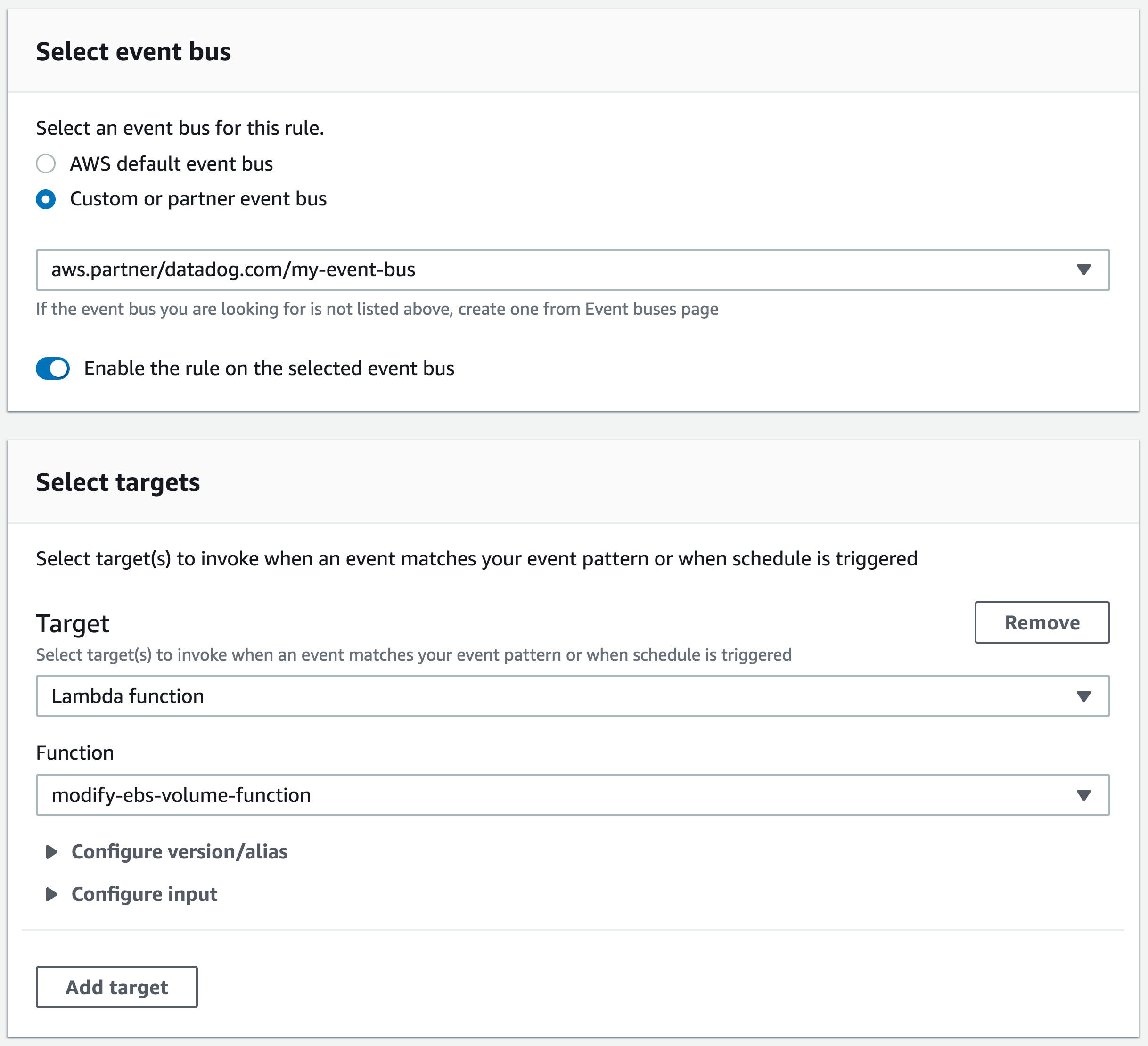 AWS EventBridge is a new service that allows you to create customizable event buses with targets like AWS Lambda functions. This is an example of setting up a custom bus that invokes a Lambda function that autoscales an EBS volume when triggered by a Datadog alert notification. AWS EventBridge is a new service that allows you to create customizable event buses with targets like AWS Lambda functions. This is an example of setting up a custom bus that invokes a Lambda function that autoscales an EBS volume when triggered by a Datadog alert notification.