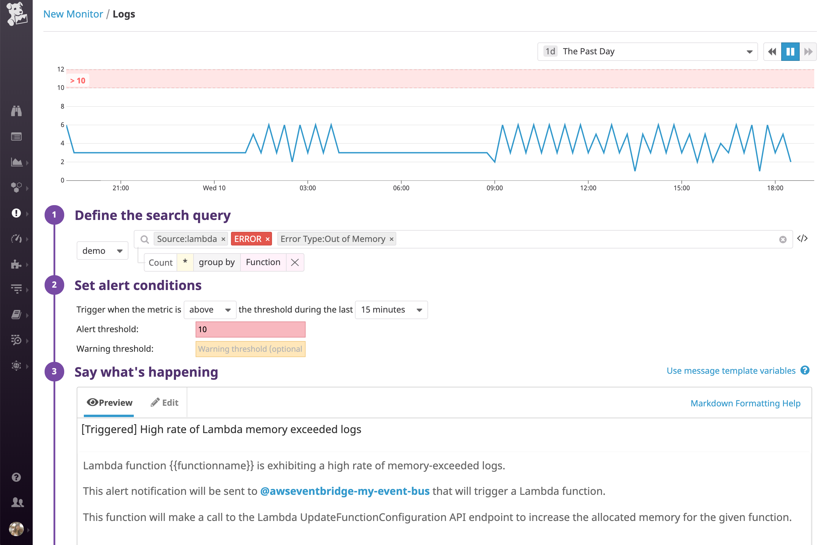 AWS EventBridge is a new service that allows you to create customizable event buses with targets like AWS Lambda functions. This is an example of setting up a custom bus that invokes a Lambda function that allocates more memory to a Lambda function when Datadog detects that the function has logged too many memory exceeded messages.