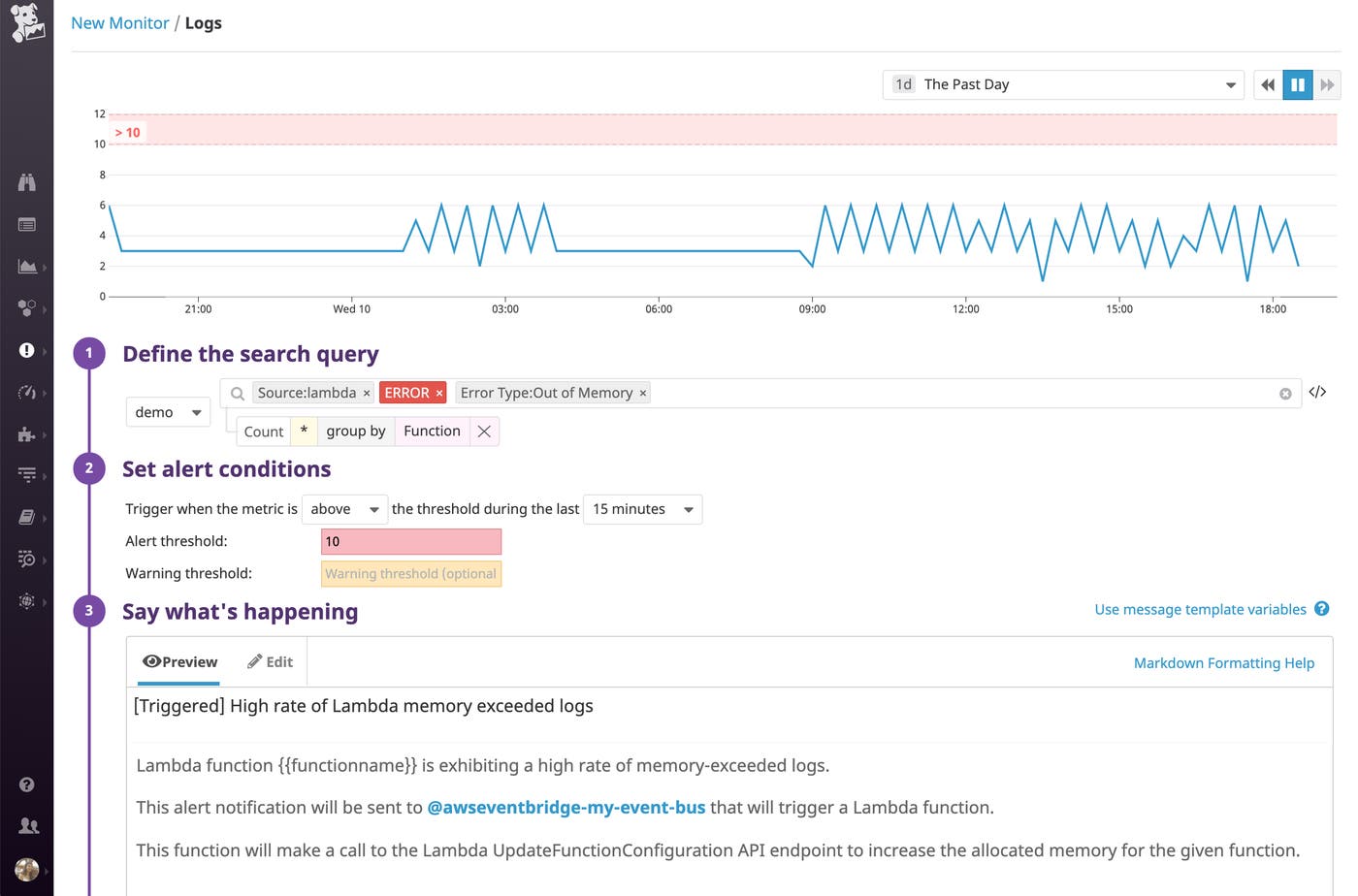 AWS EventBridge is a new service that allows you to create customizable event buses with targets like AWS Lambda functions. This is an example of setting up a custom bus that invokes a Lambda function that allocates more memory to a Lambda function when Datadog detects that the function has logged too many memory exceeded messages. AWS EventBridge is a new service that allows you to create customizable event buses with targets like AWS Lambda functions. This is an example of setting up a custom bus that invokes a Lambda function that allocates more memory to a Lambda function when Datadog detects that the function has logged too many memory exceeded messages.