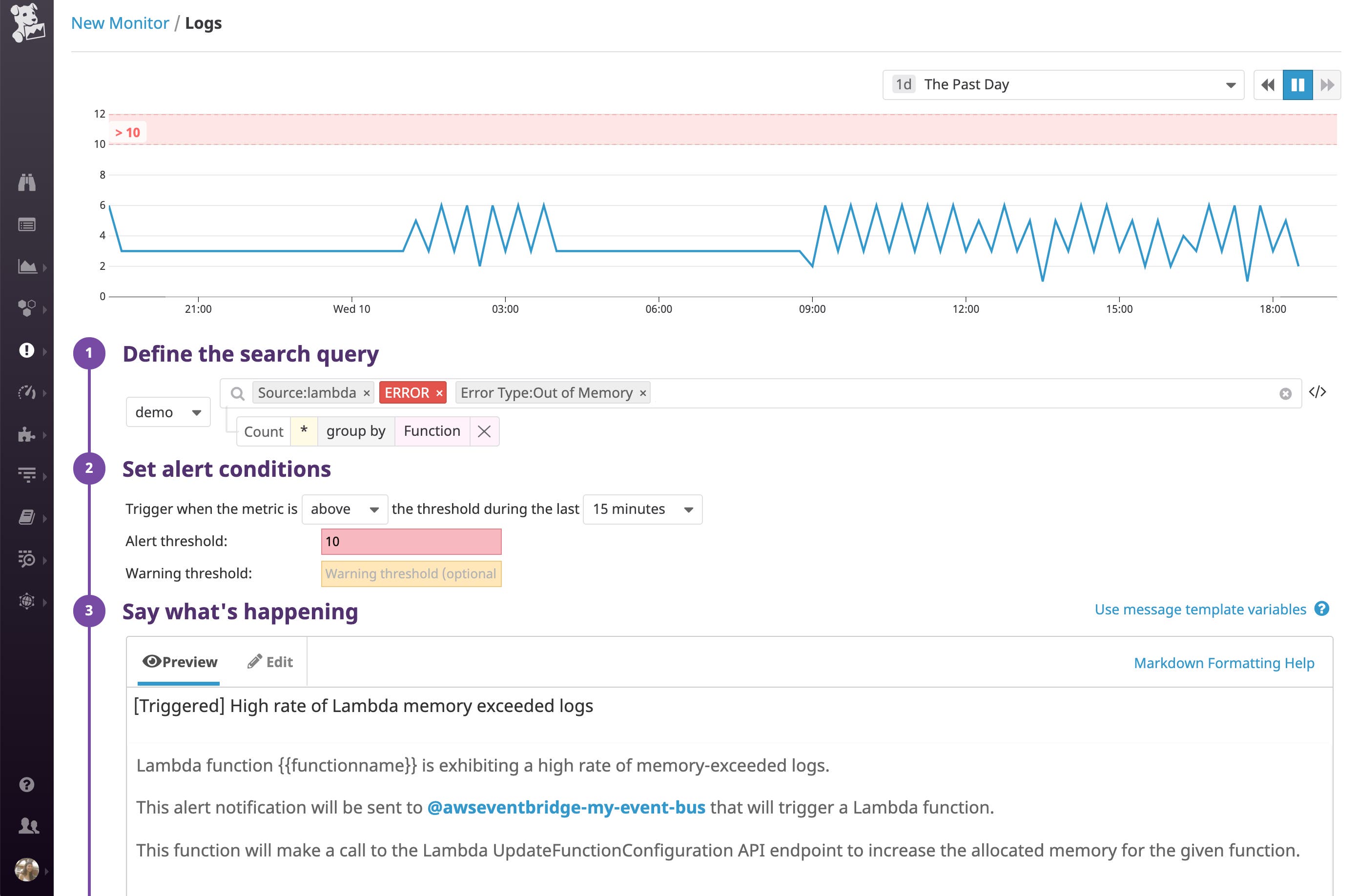 AWS EventBridge is a new service that allows you to create customizable event buses with targets like AWS Lambda functions. This is an example of setting up a custom bus that invokes a Lambda function that allocates more memory to a Lambda function when Datadog detects that the function has logged too many memory exceeded messages. AWS EventBridge is a new service that allows you to create customizable event buses with targets like AWS Lambda functions. This is an example of setting up a custom bus that invokes a Lambda function that allocates more memory to a Lambda function when Datadog detects that the function has logged too many memory exceeded messages.
