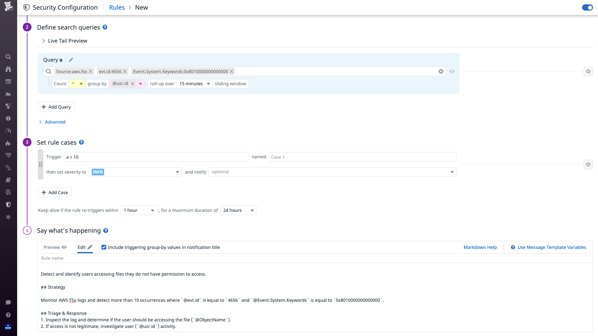 Datadog AWS FSx logs threat detection rule