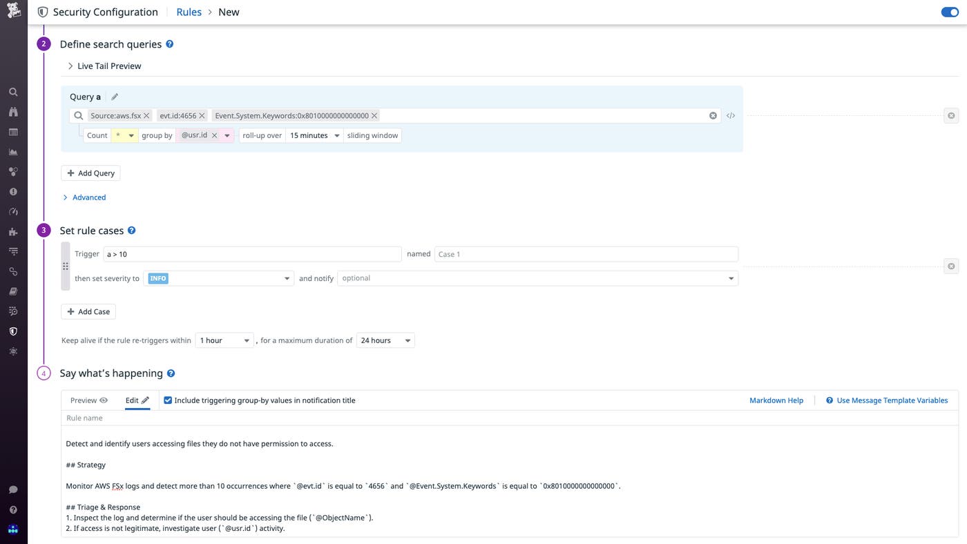 Datadog AWS FSx logs threat detection rule Datadog AWS FSx logs threat detection rule