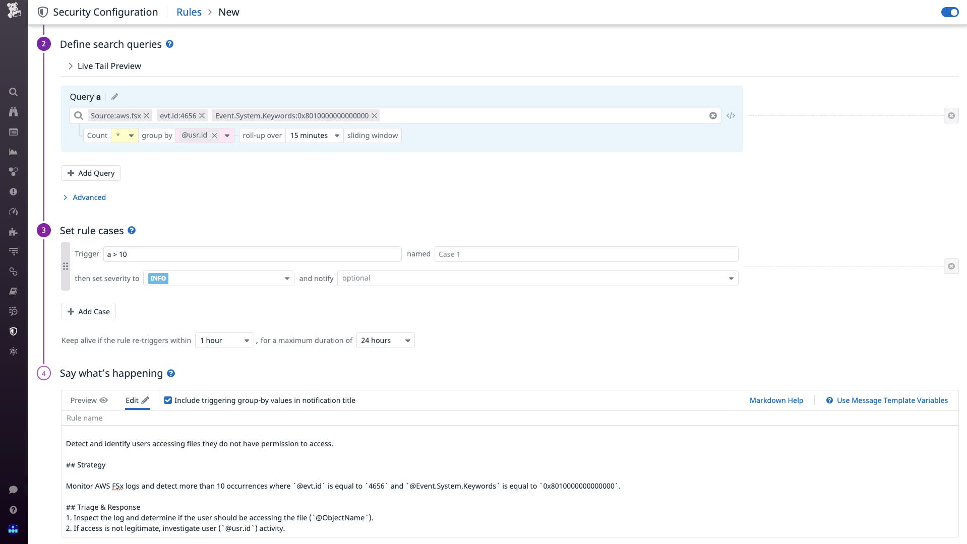 Datadog AWS FSx logs threat detection rule Datadog AWS FSx logs threat detection rule