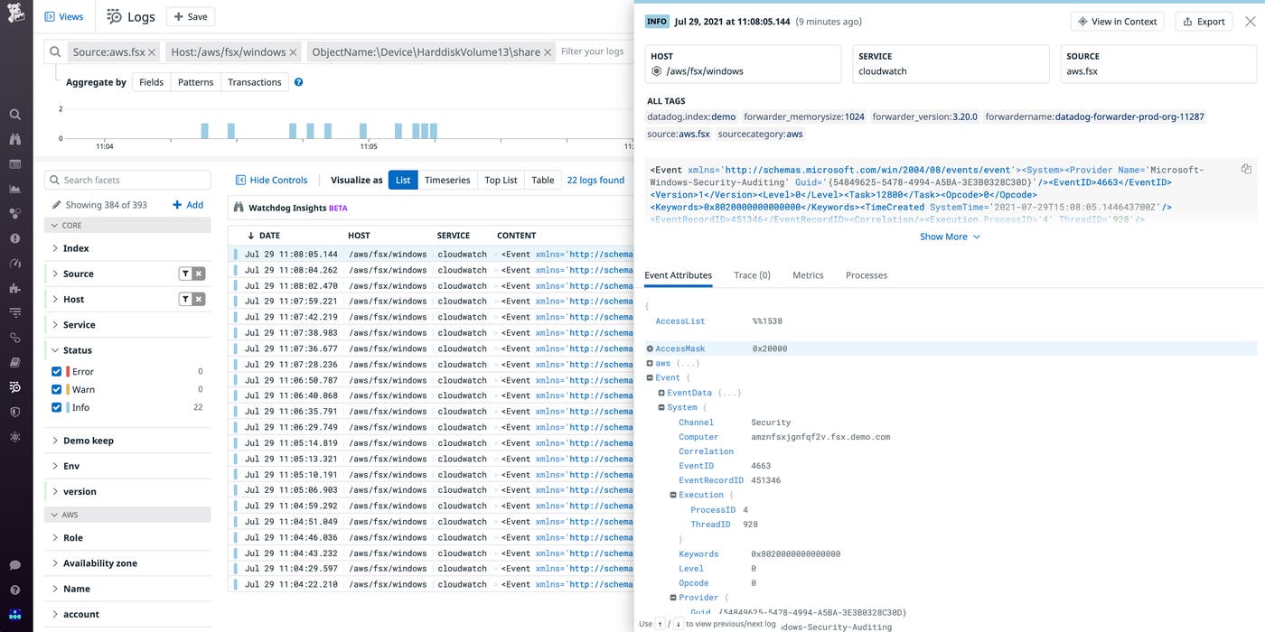 Datadog parses AWS FSx logs Datadog parses AWS FSx logs