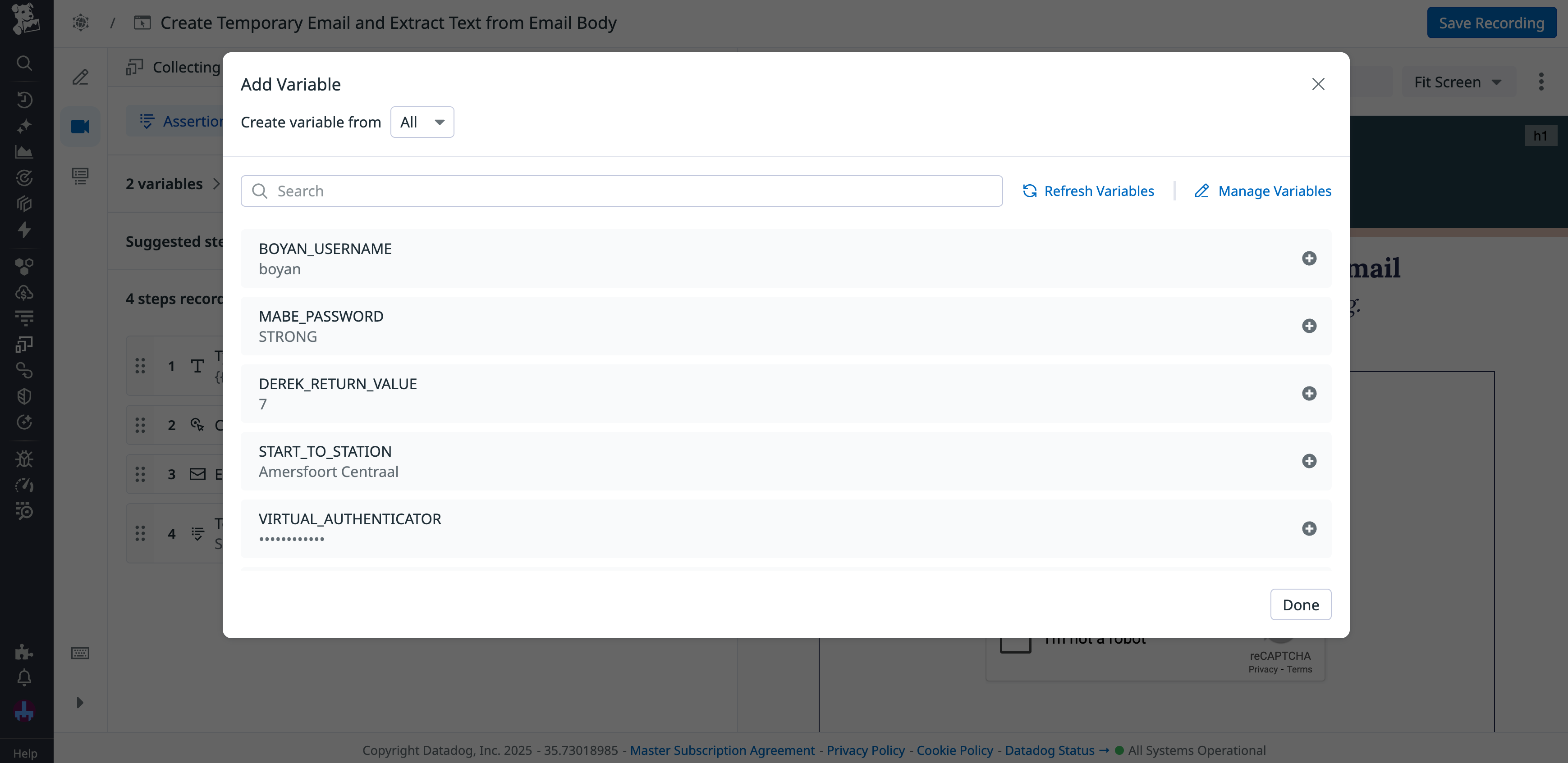 The variable addition window for a test, with a list of available variables and values displayed.