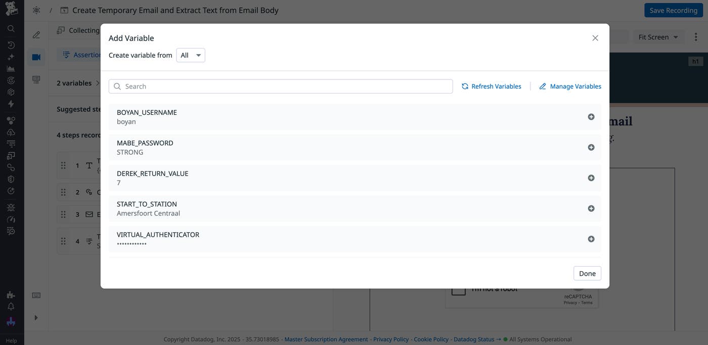The variable addition window for a test, with a list of available variables and values displayed. The variable addition window for a test, with a list of available variables and values displayed.