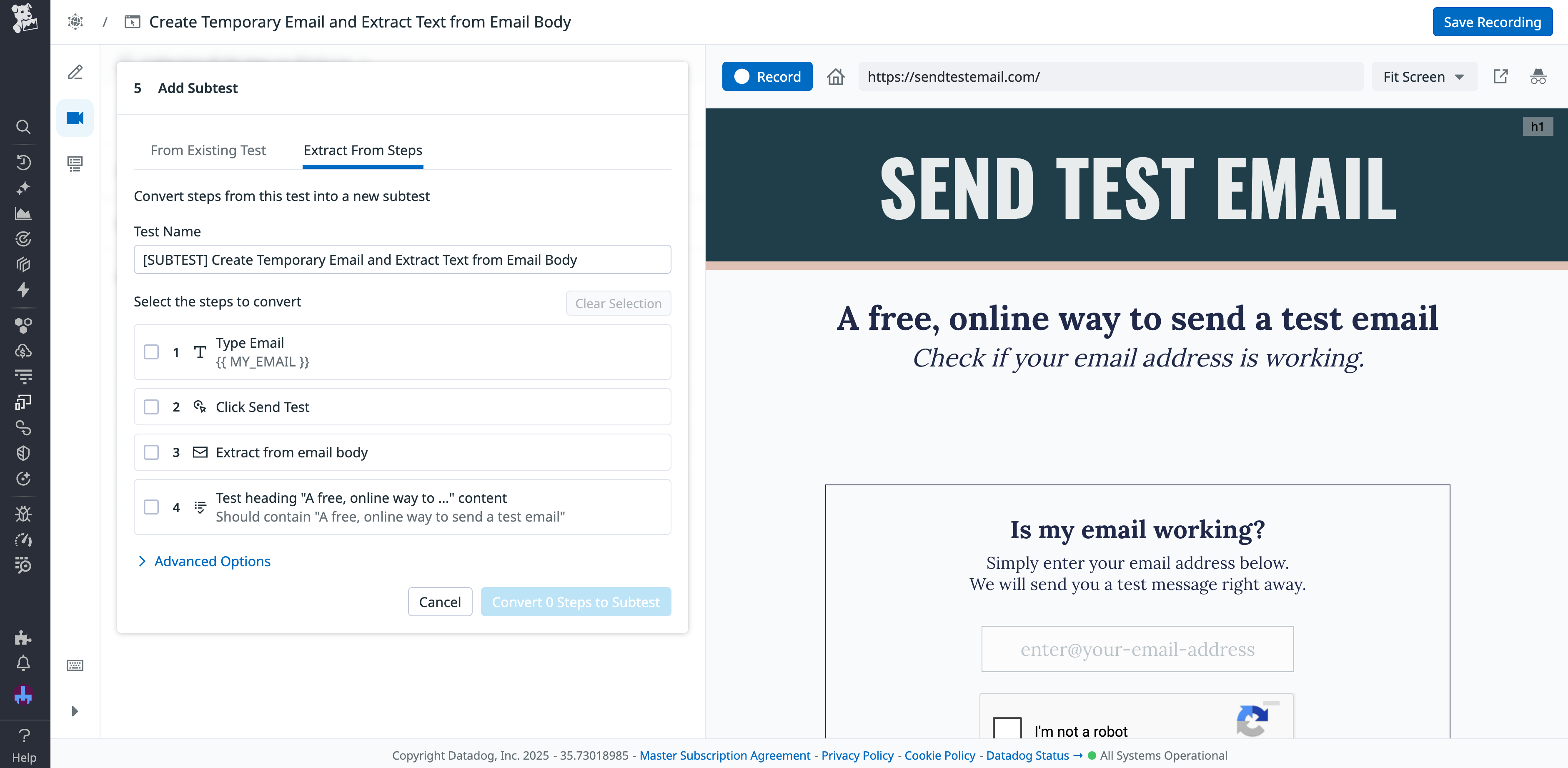 A subtest being created by extracting an existing test's steps.