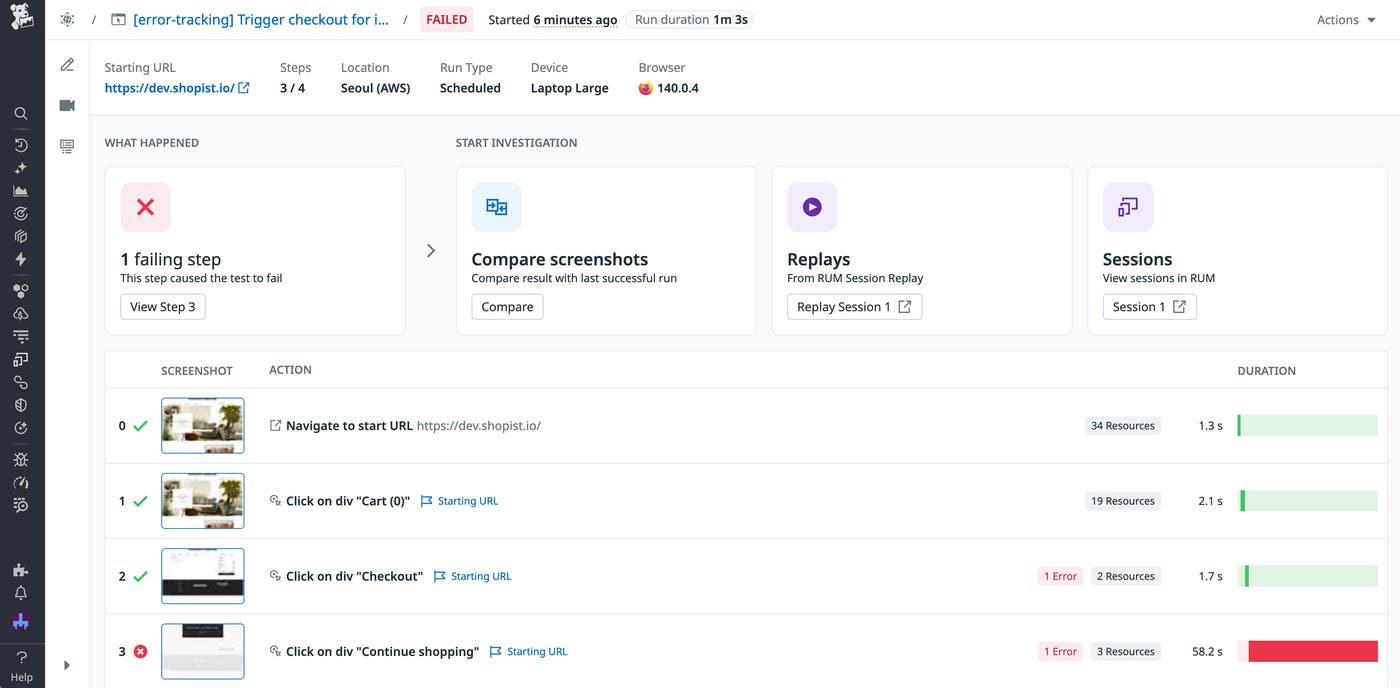 The overview page for a failed synthetic test run, with suggested investigation actions displayed. The overview page for a failed synthetic test run, with suggested investigation actions displayed.