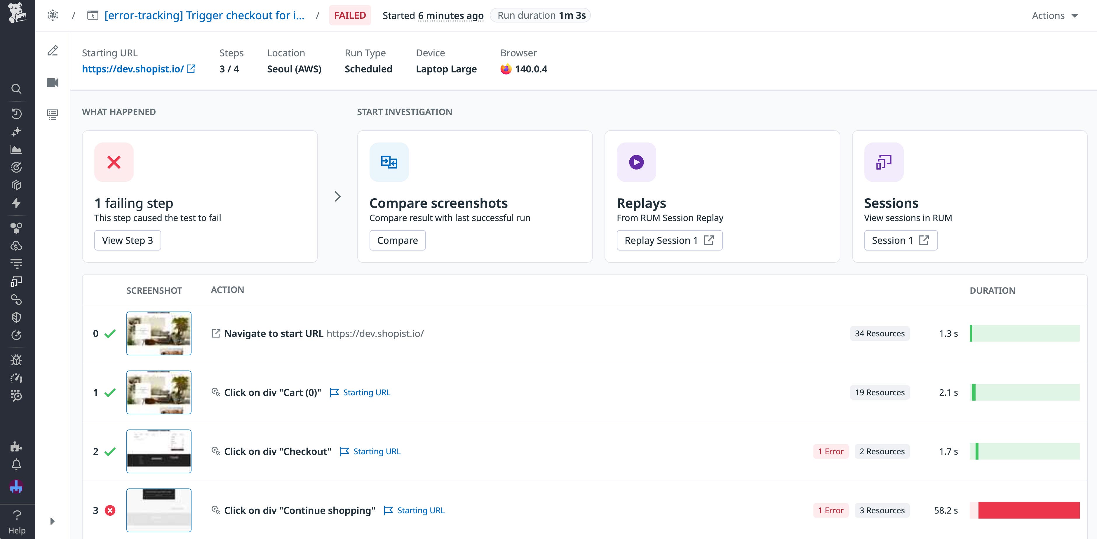 The overview page for a failed synthetic test run, with suggested investigation actions displayed. The overview page for a failed synthetic test run, with suggested investigation actions displayed.